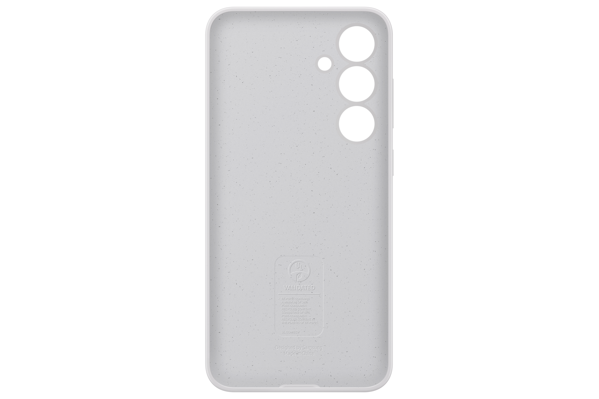 Jasnoszara obudowa na telefon z trzema wycięciami na aparat i logo.