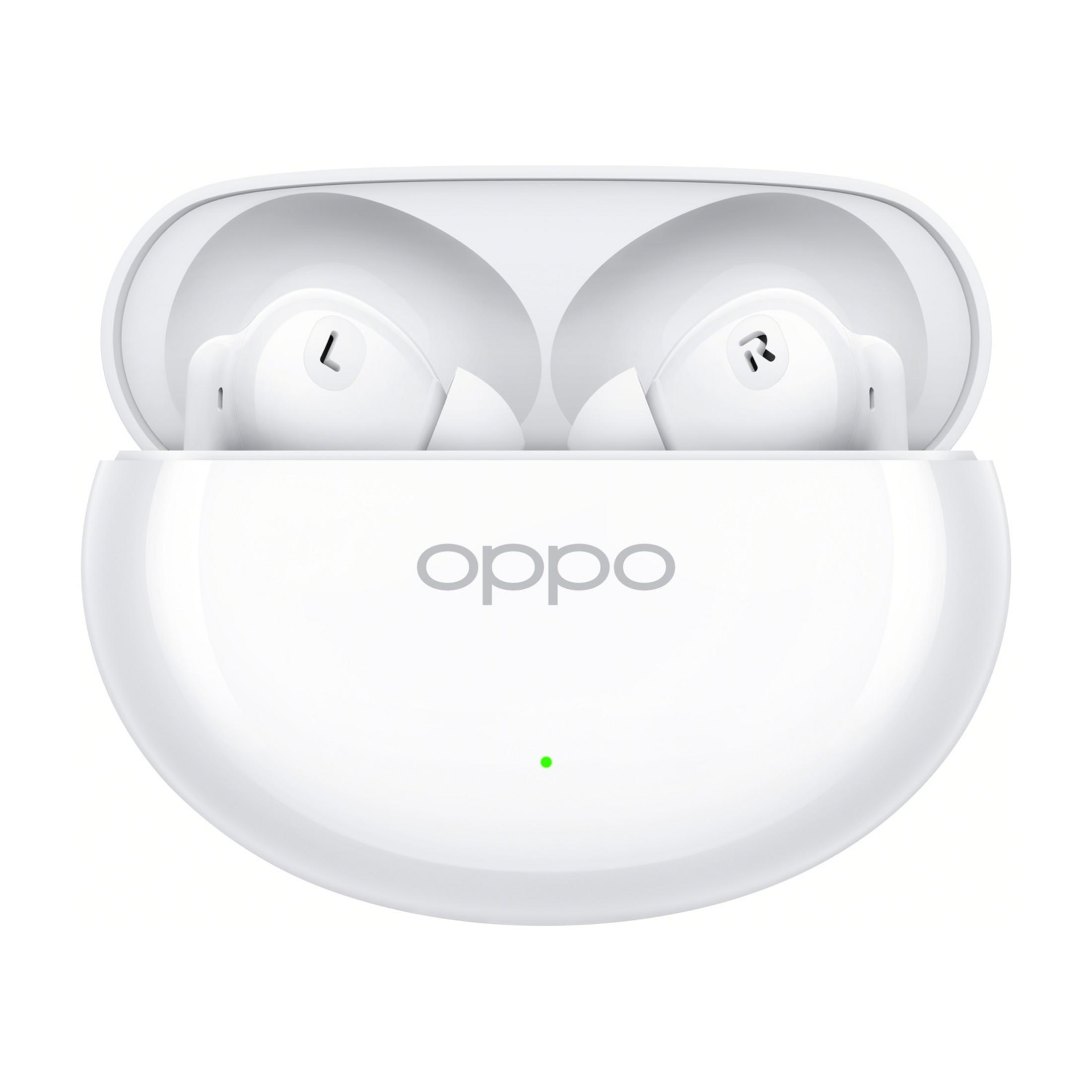 Auriculares blancos Oppo en un estuche de carga abierto con luz verde.