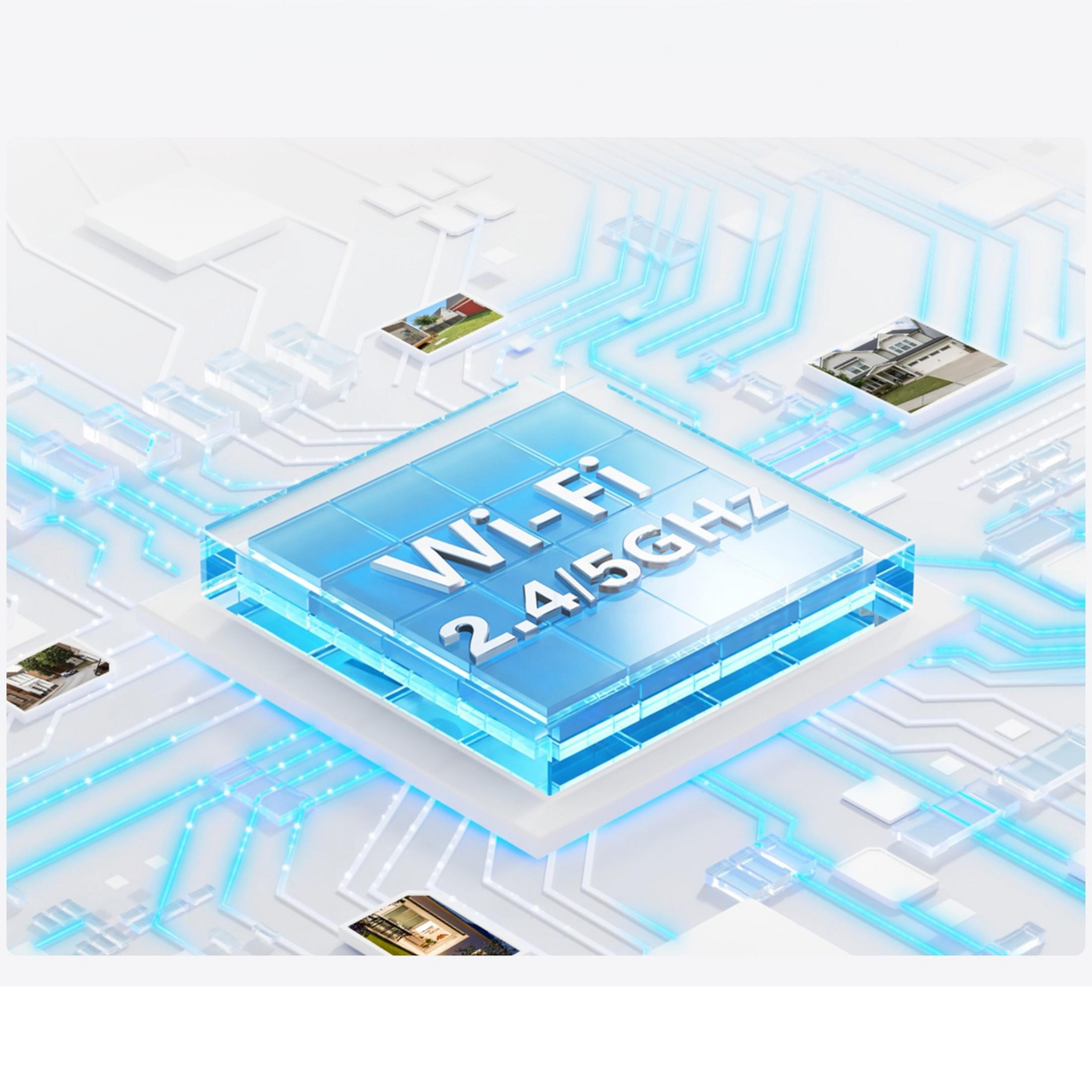 Szklany chip wyświetla Wi-Fi 2.4/5GHz, otoczony płytką drukowaną i zdjęciami domów.