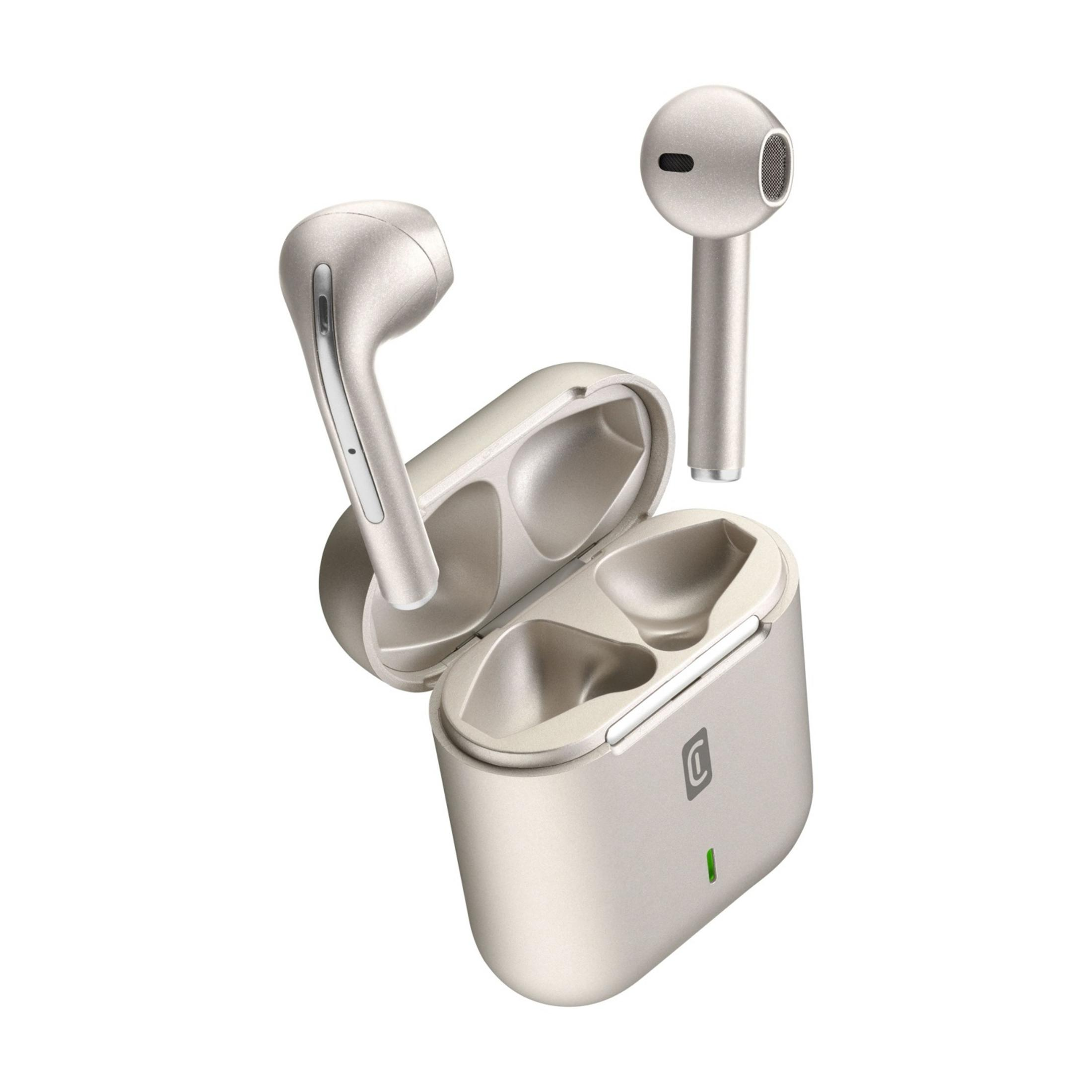 Auricolari argentati con custodia di ricarica aperta e LED verde.