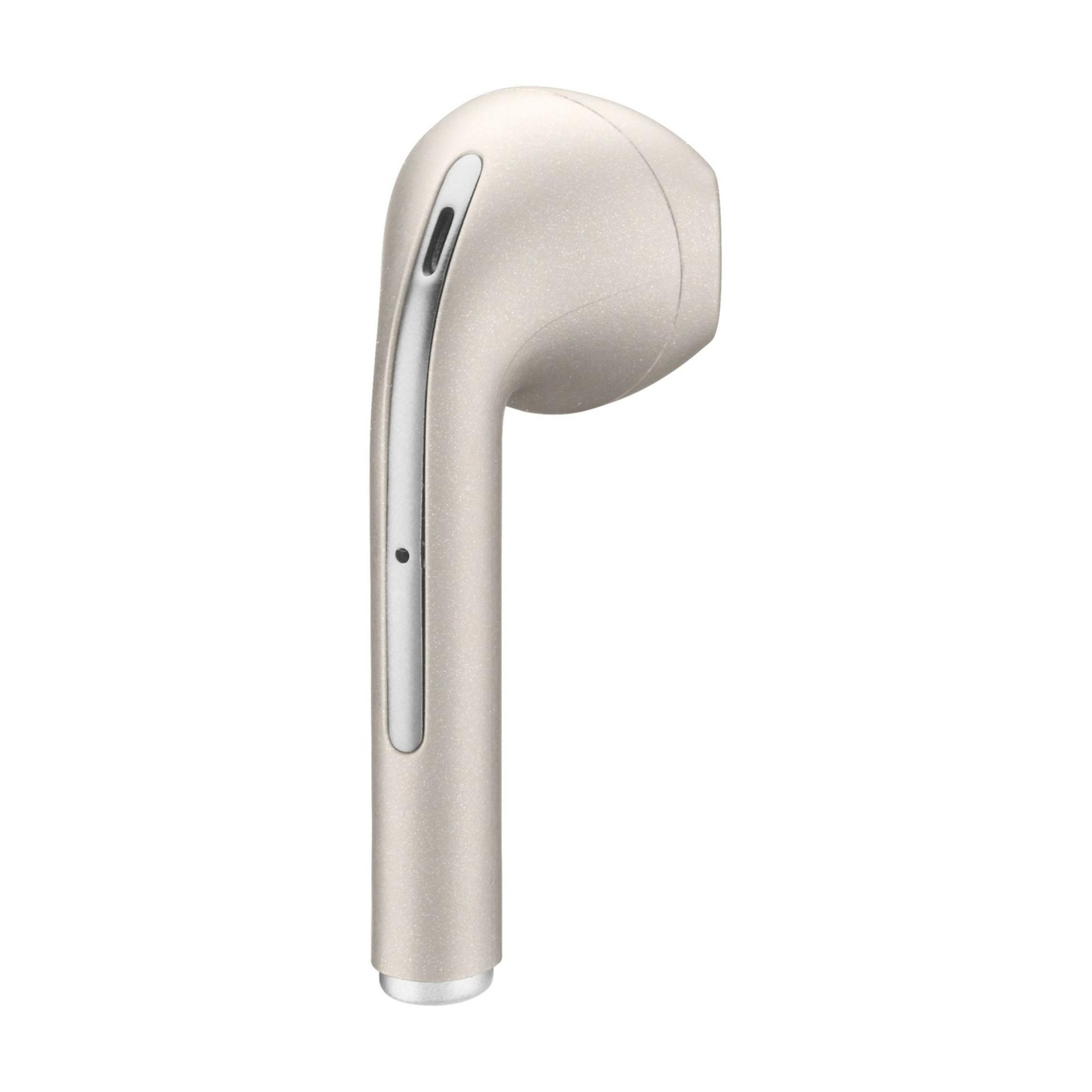 Un singolo auricolare beige con accenti argentati su sfondo bianco.