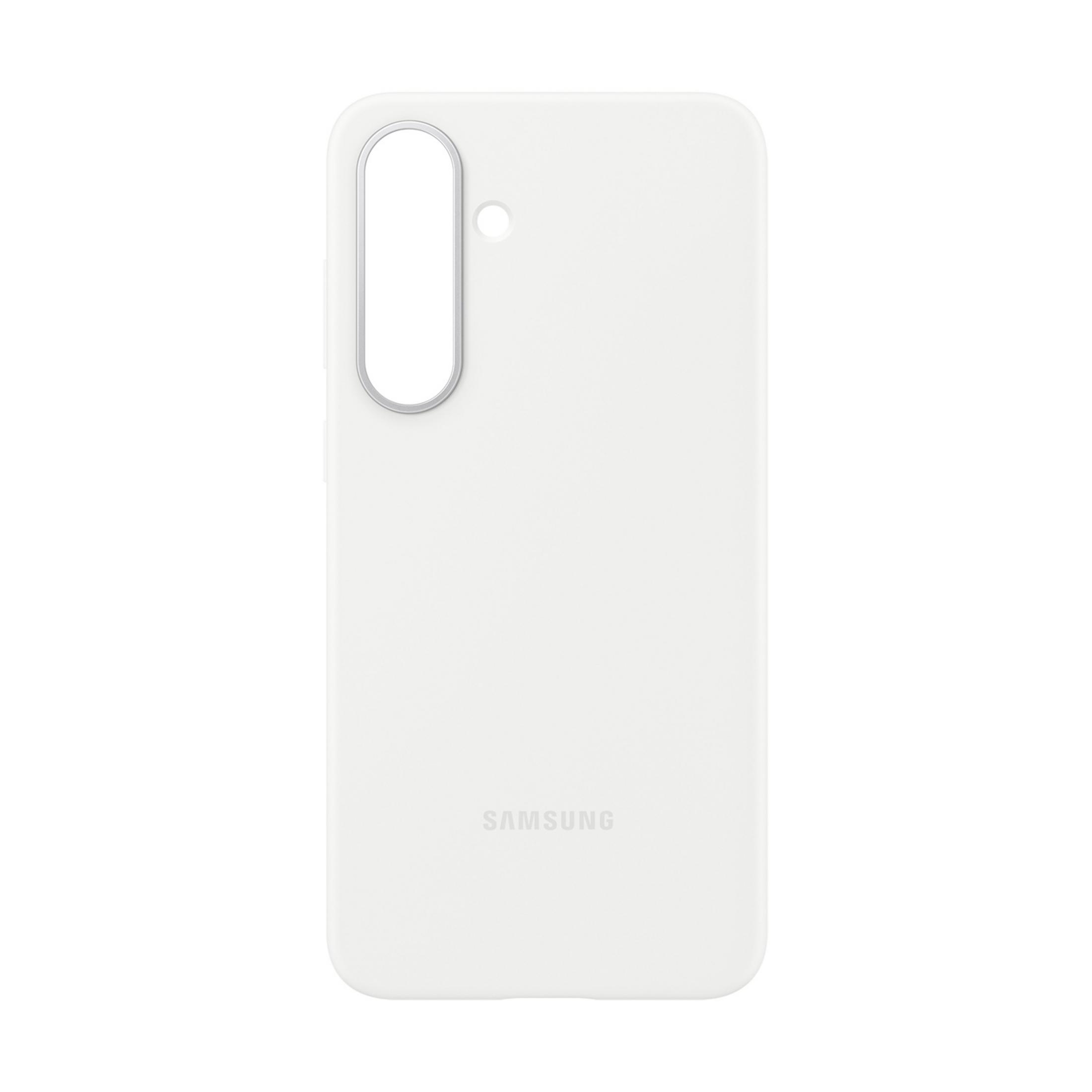 Een witte telefoonhoes met camera-uitsparing en Samsung-logo.