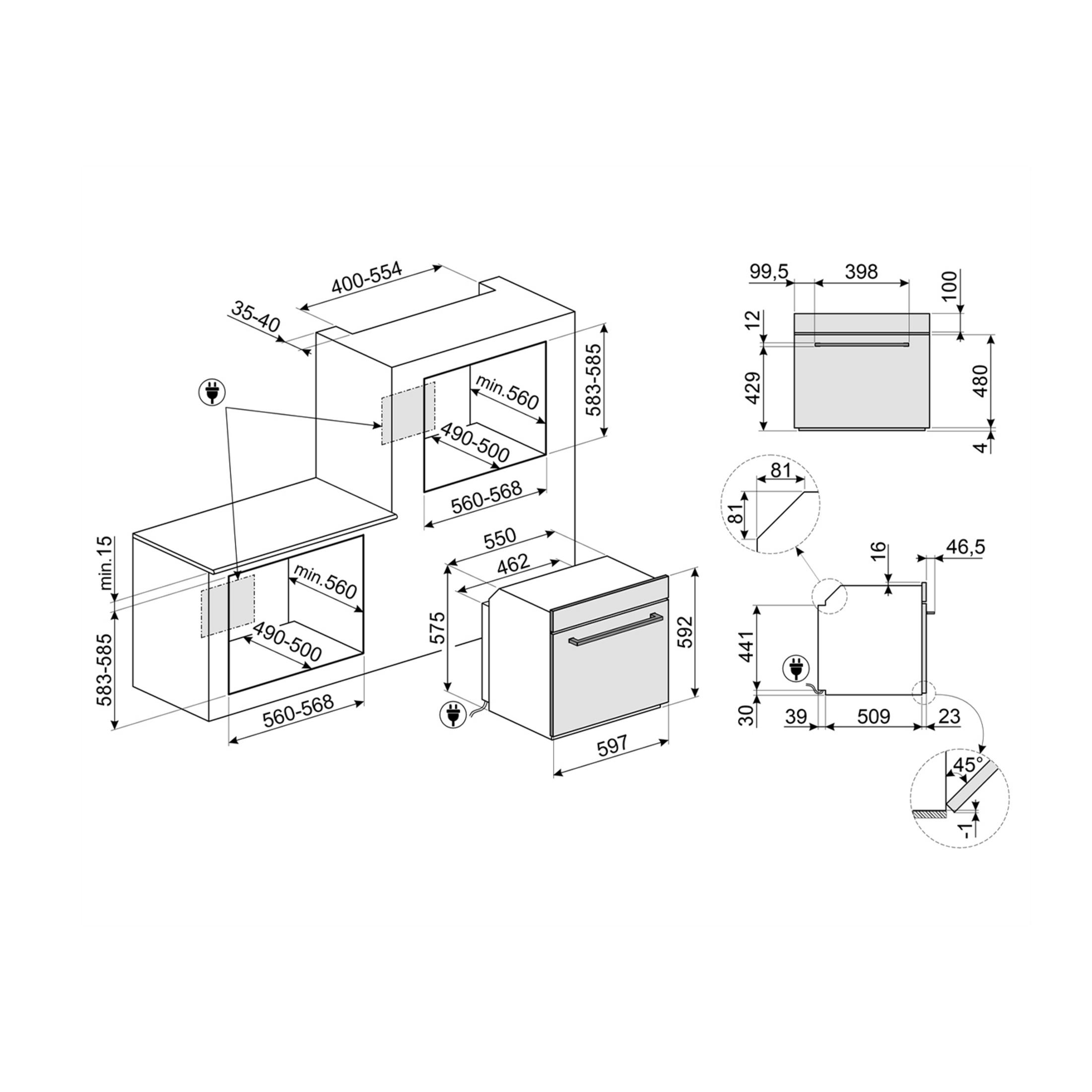 Disegno tecnico di un forno da incasso con dimensioni e note di installazione.