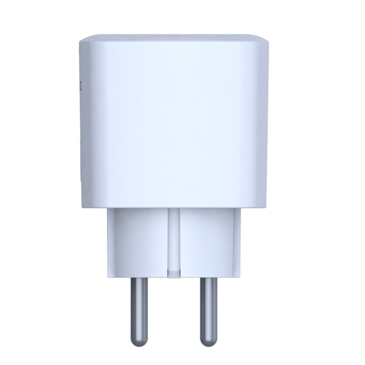 A white power adapter with two round prongs.