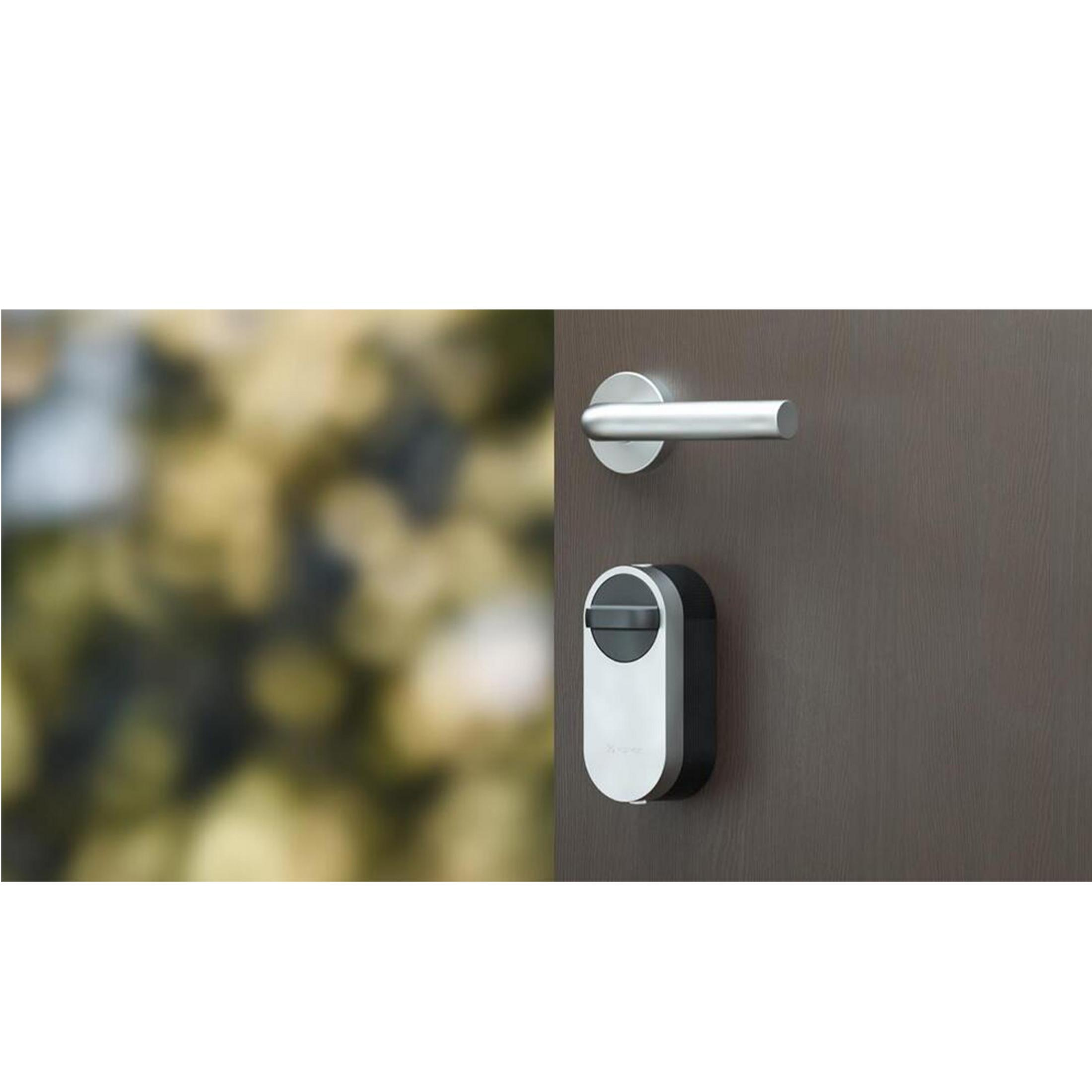 Un picaporte plateado y un moderno cilindro de cerradura plateado y negro en una puerta de madera.