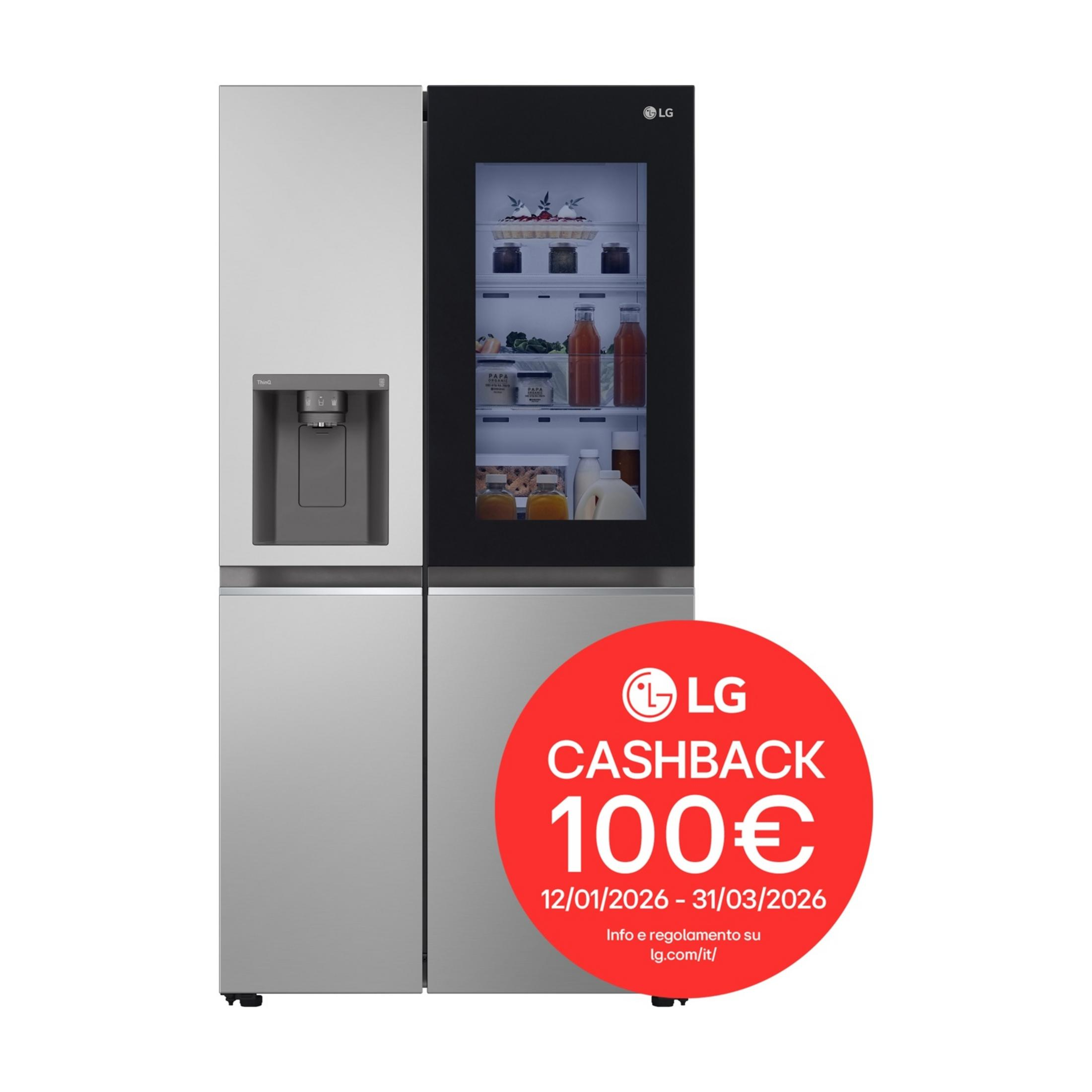 LG Kühlschrank mit Touchscreen-Tür und 100€ Cashback-Angebot.