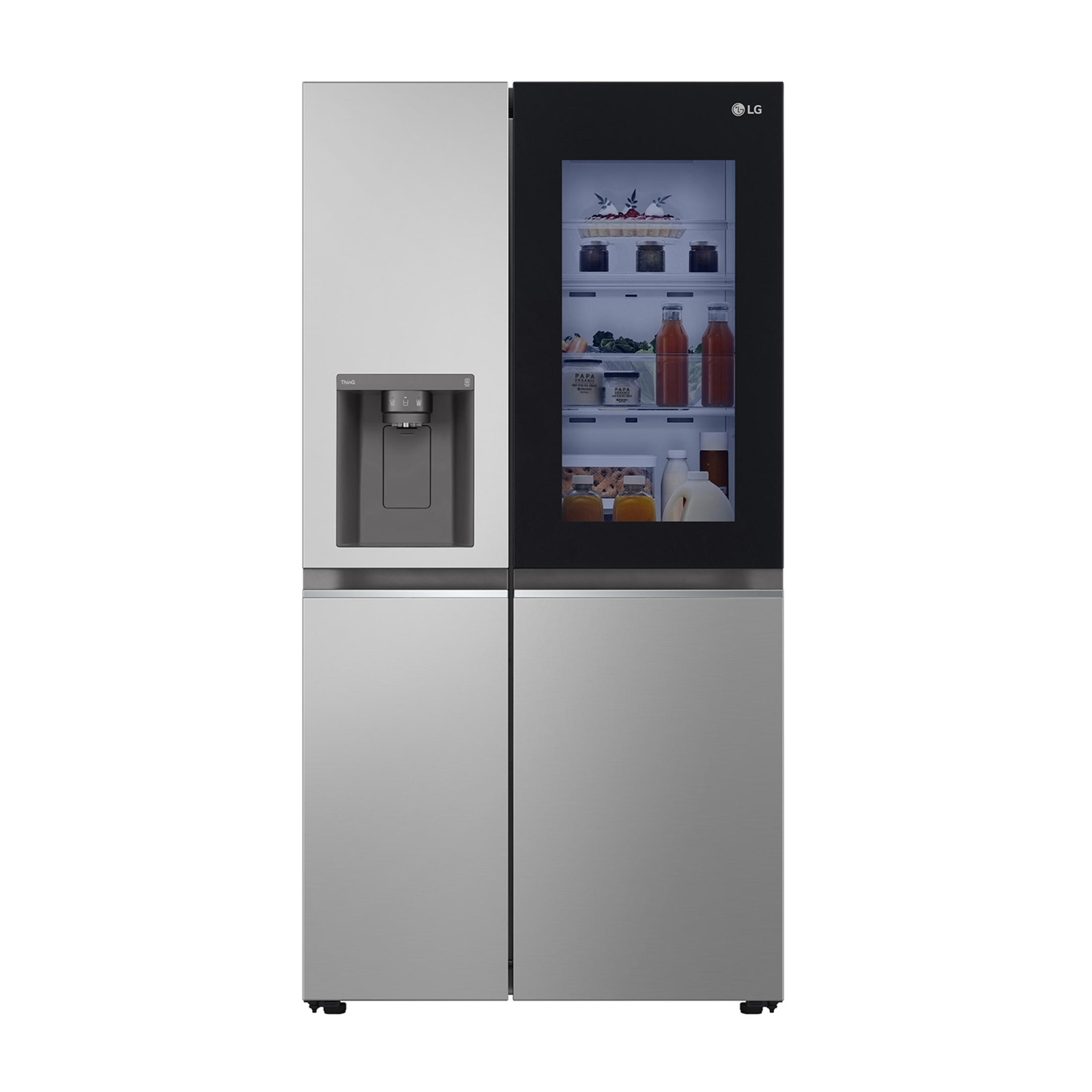 Ein silberner Kühlschrank mit vier Türen und einem schwarzen Smart-Display.