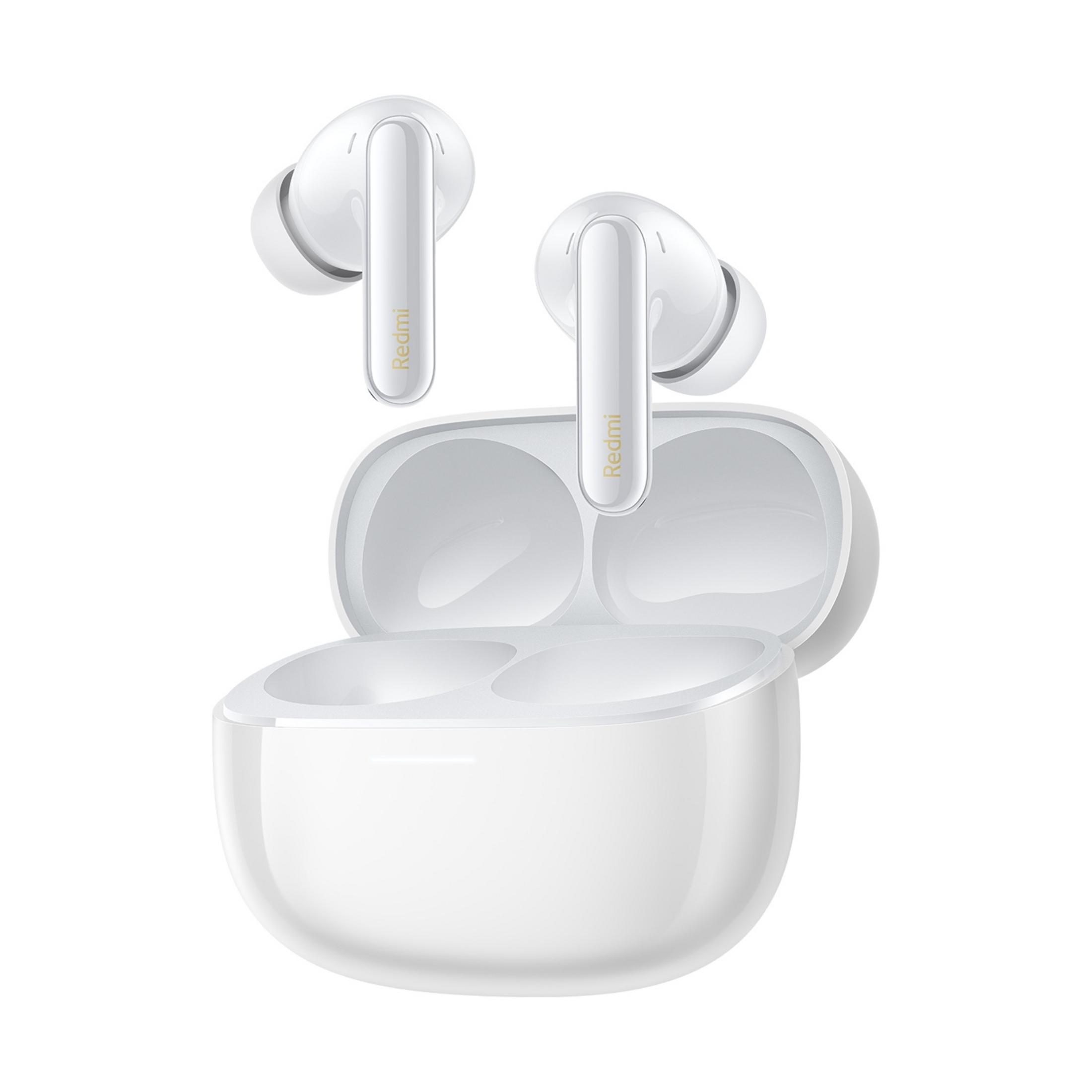 Białe słuchawki bezprzewodowe z etui ładującym, logo Redmi.