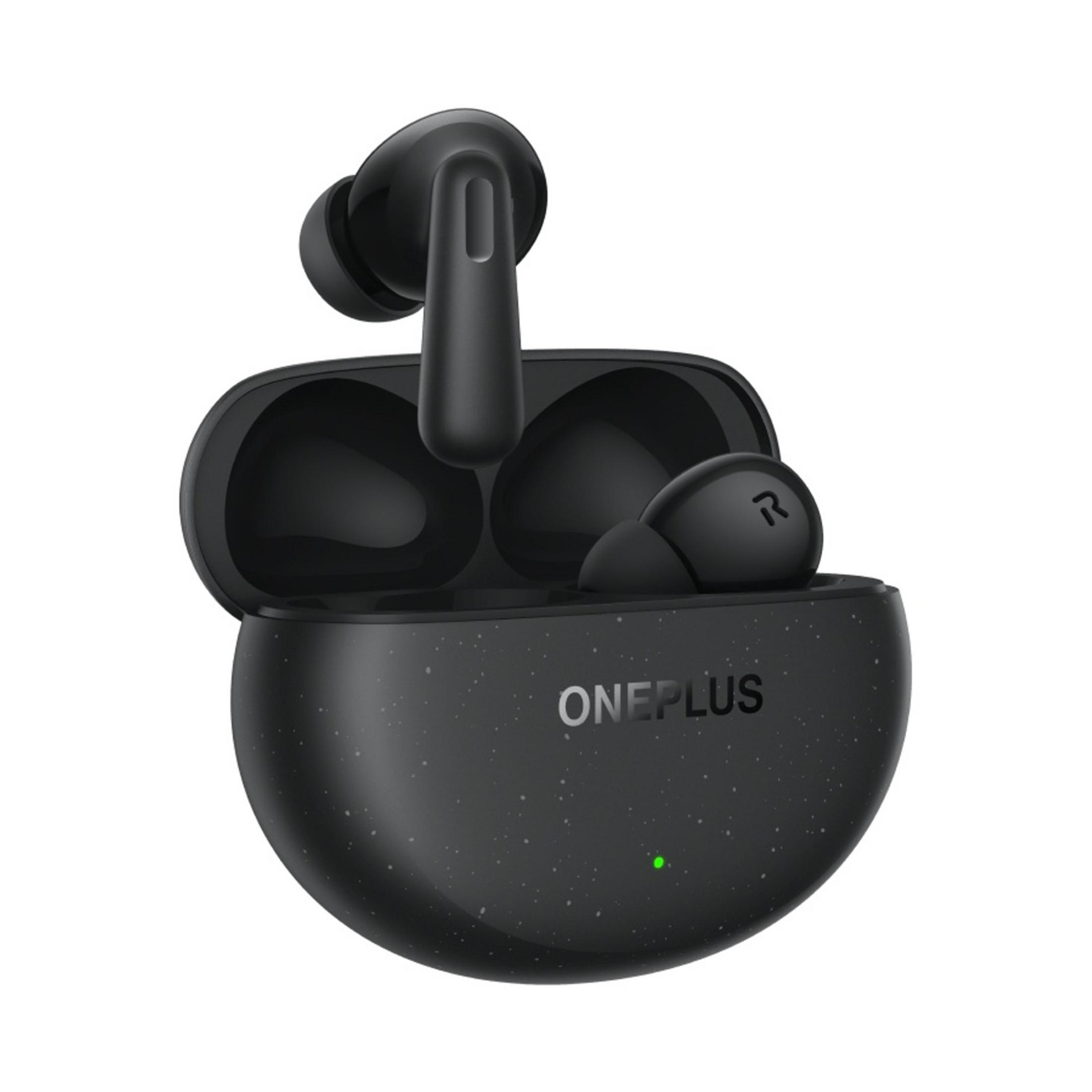Schwarze kabellose Kopfhörer in geöffneter Ladehülle mit OnePlus-Logo.