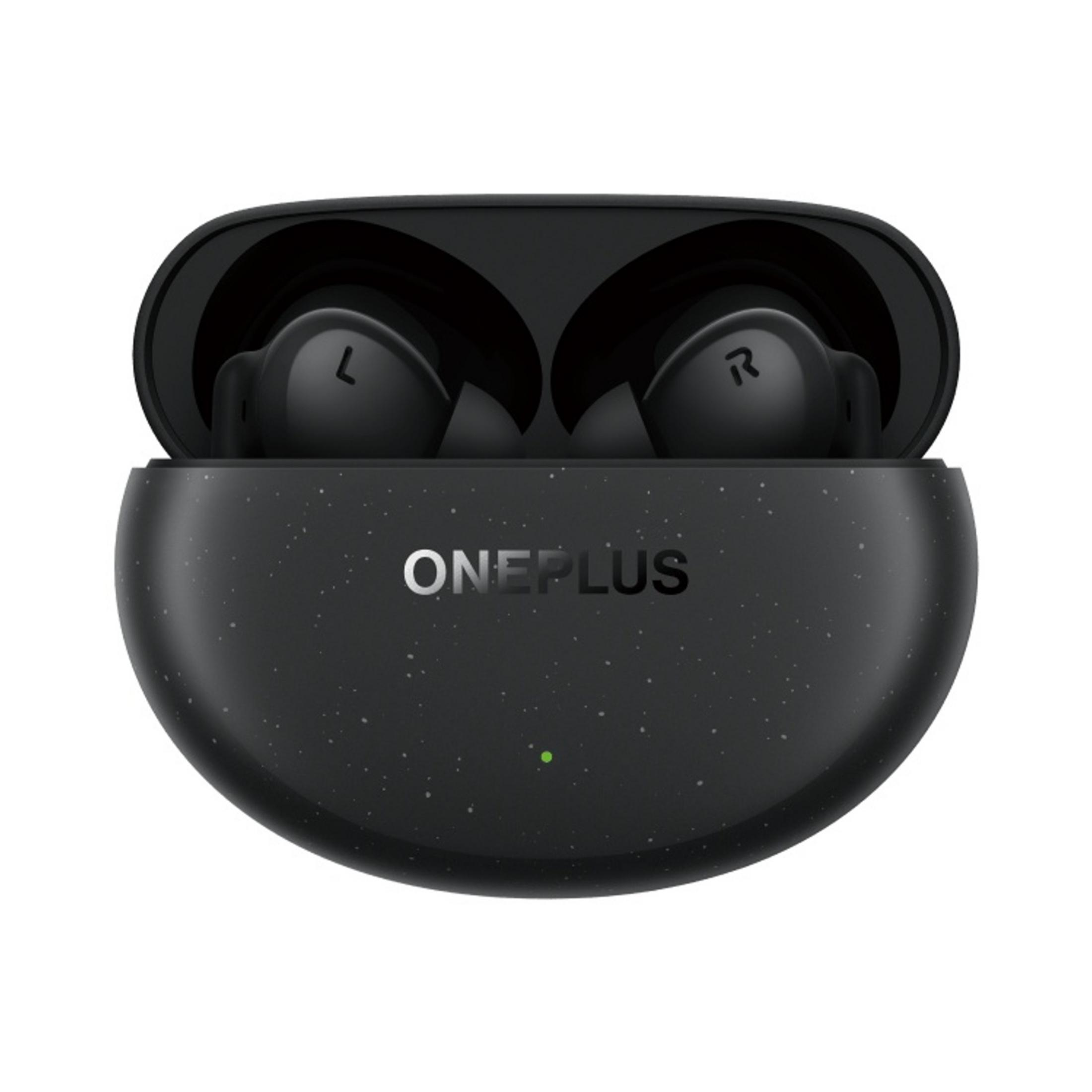 Schwarze OnePlus-Kopfhörer mit Ladecase und grünem Lämpchen.