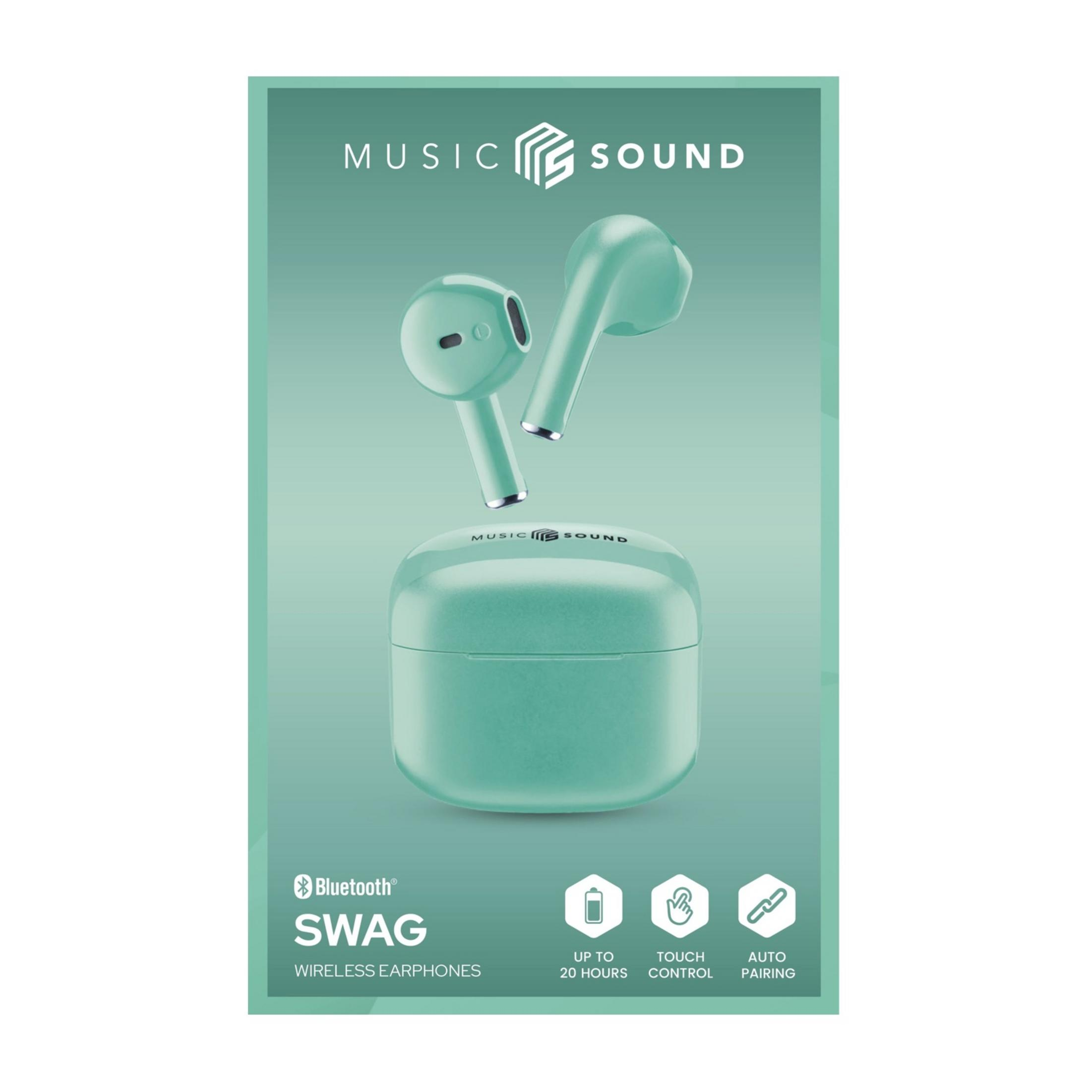 Teal wireless earphones with charging case and "Music Sound" logo.