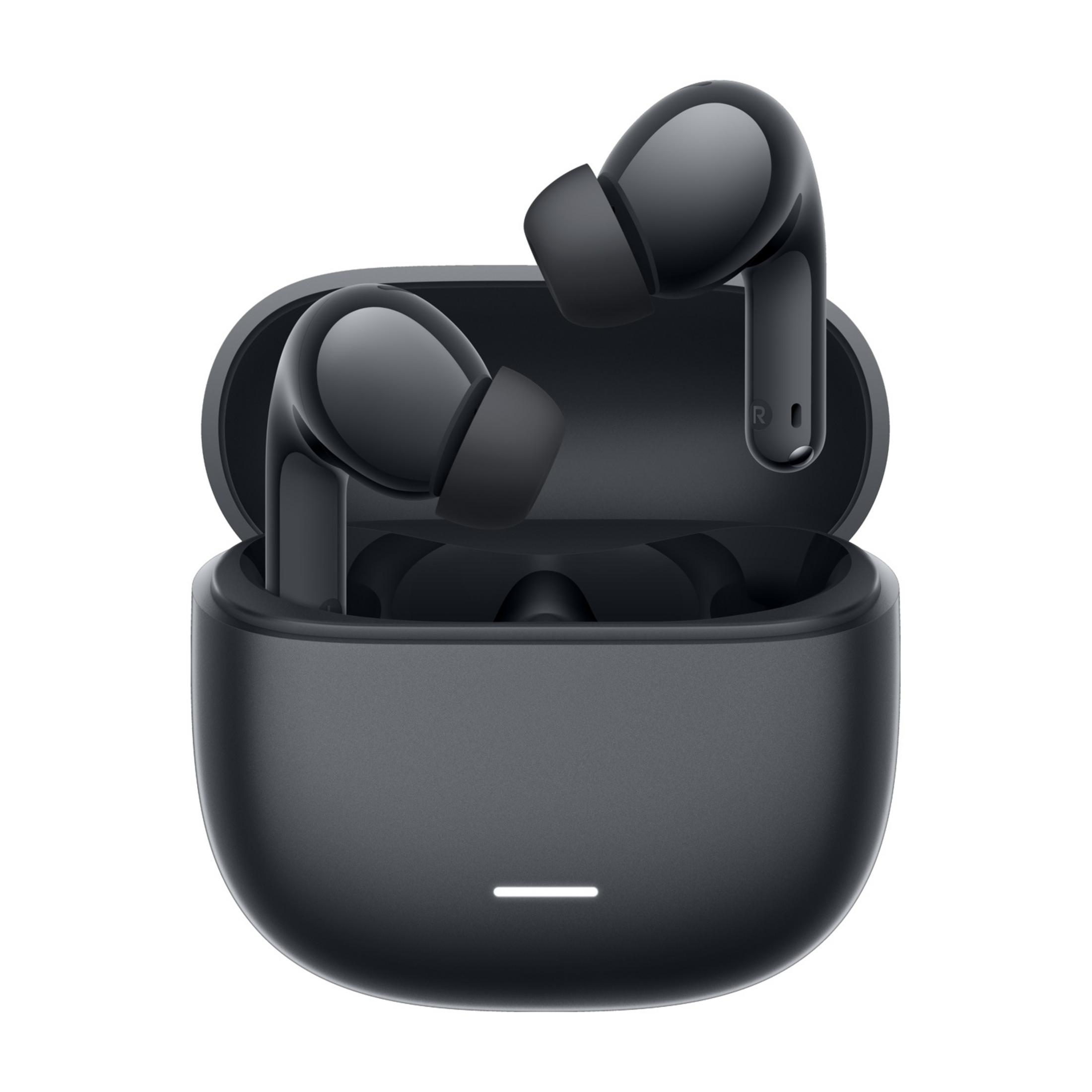 Auriculares inalámbricos negros en un estuche de carga oscuro, sobre fondo blanco.