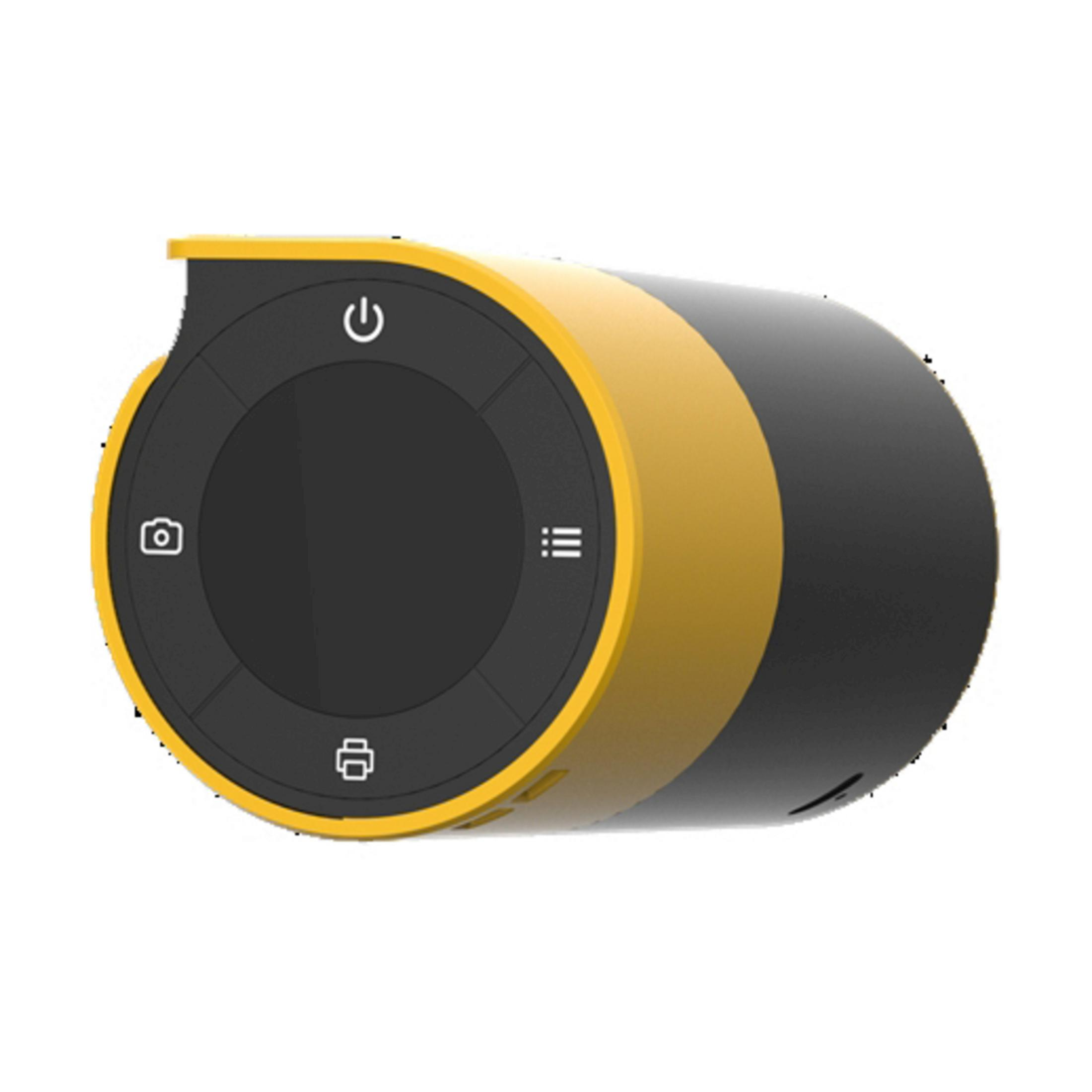 Fotocamera compatta nera e gialla con icone di accensione, foto e menu.