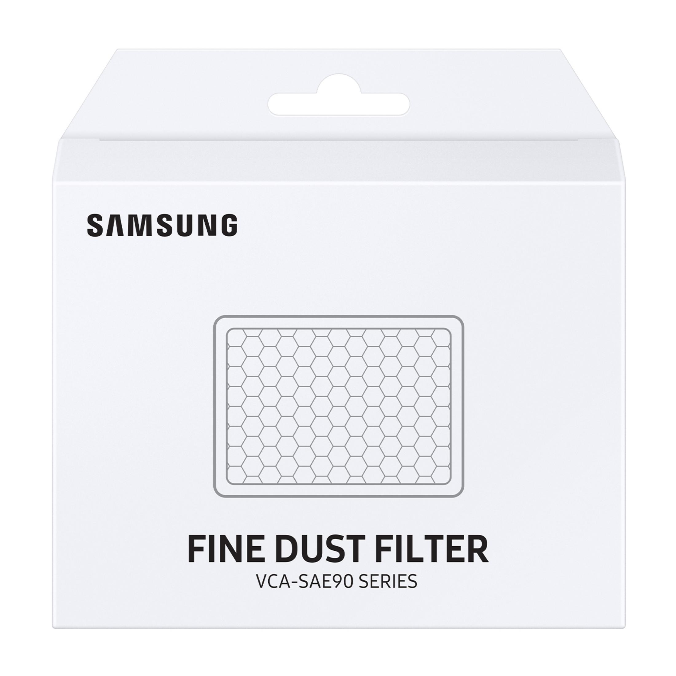 Białe pudełko Samsung z grafiką i tekstem filtra drobnych pyłów.