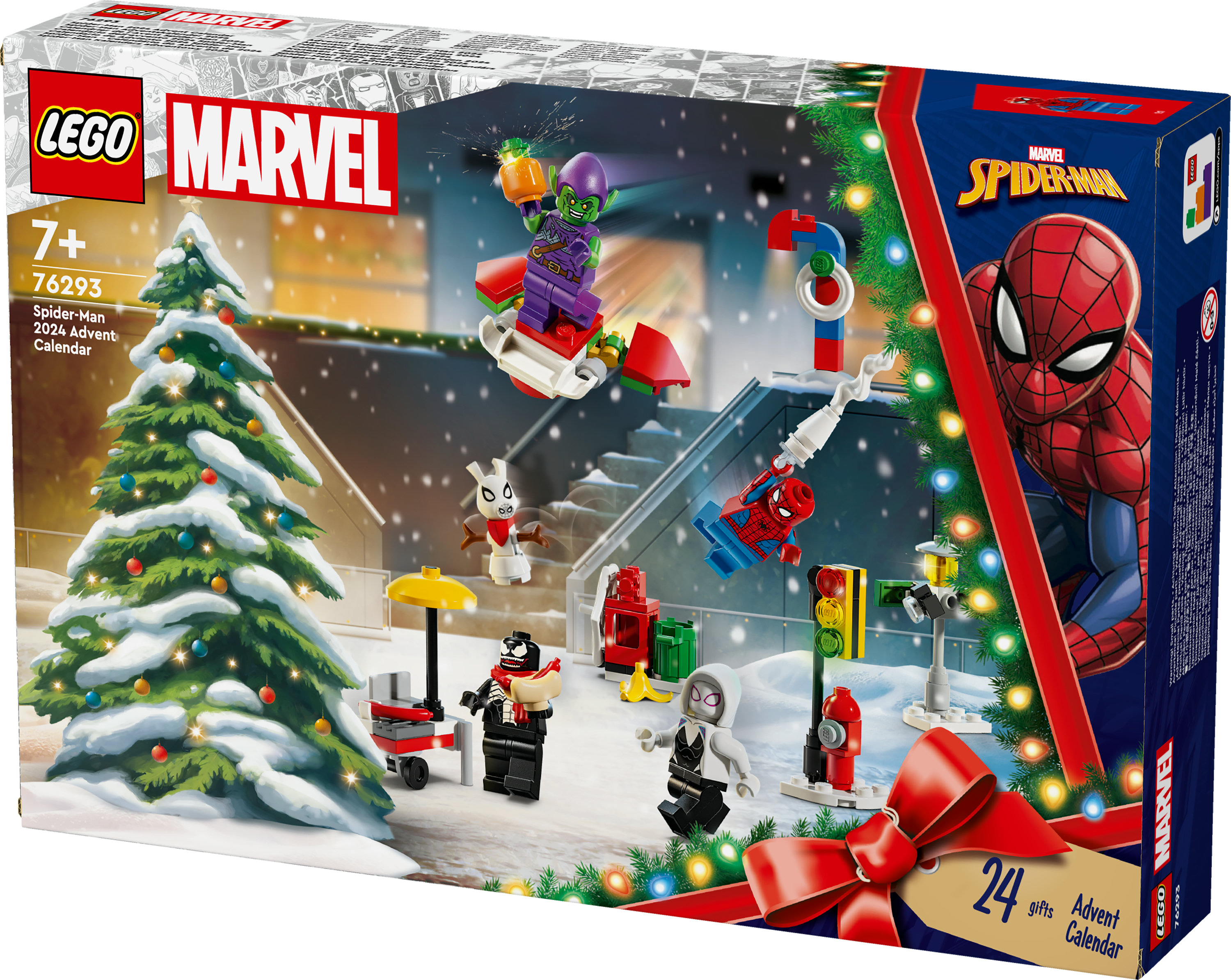 LEGO Marvel Spider-Man Adventskalender mit Figuren und Weihnachtsbaum.