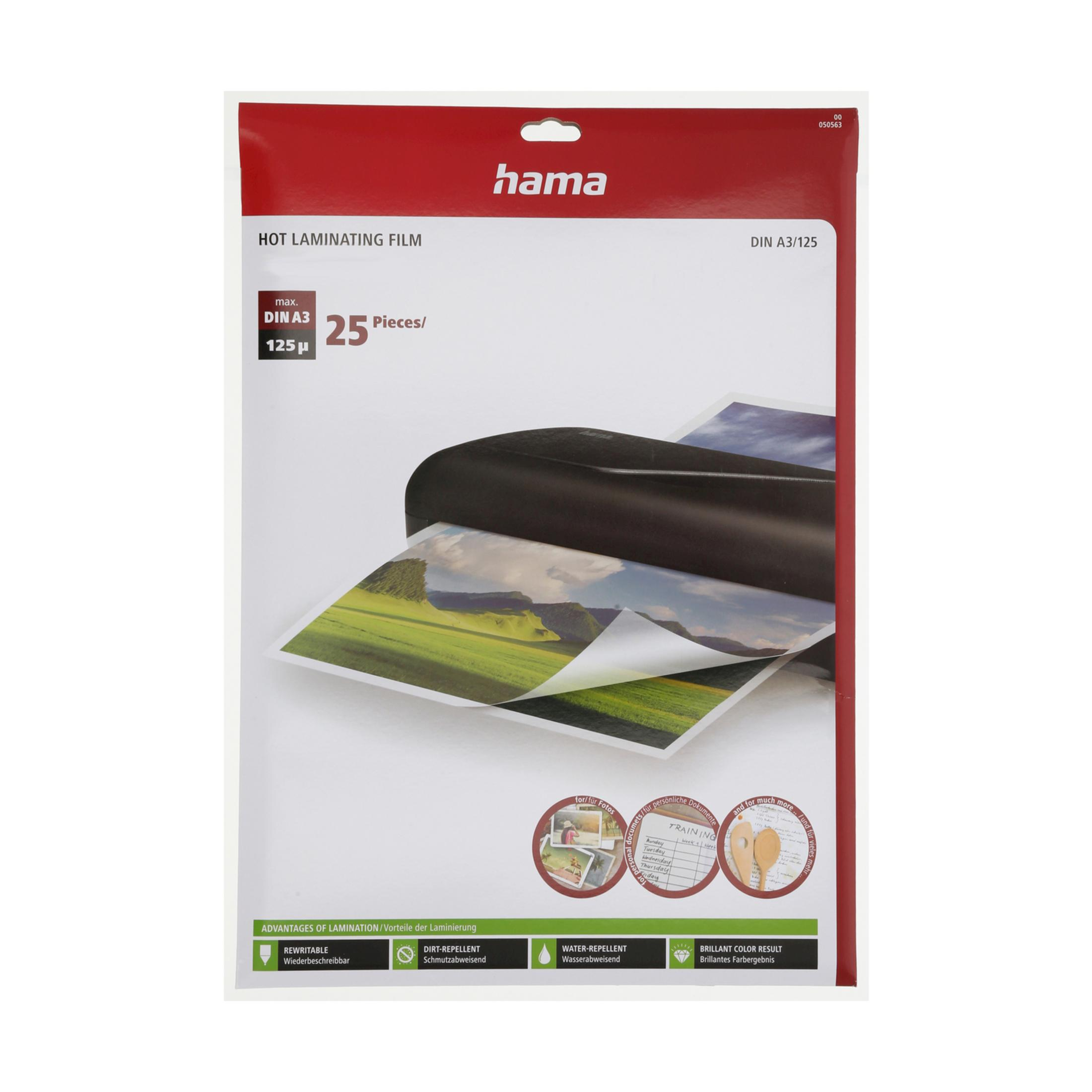 Folia do laminowania na gorąco Hama DIN A3, 125µ, 25 sztuk. Pokazuje laminator z obrazami.