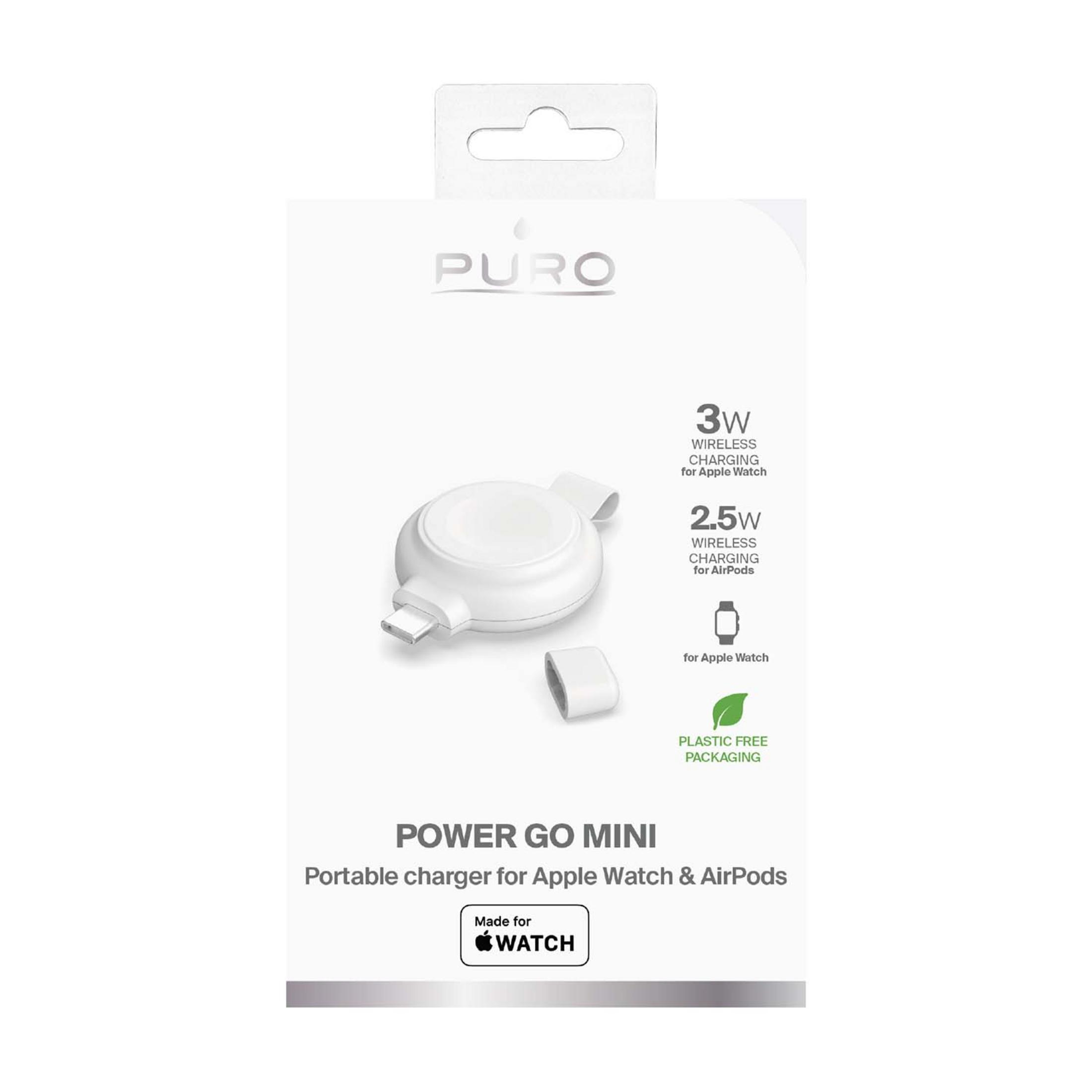 Embalaje cargador PURO Power Go Mini, blanco, para Apple Watch y AirPods.