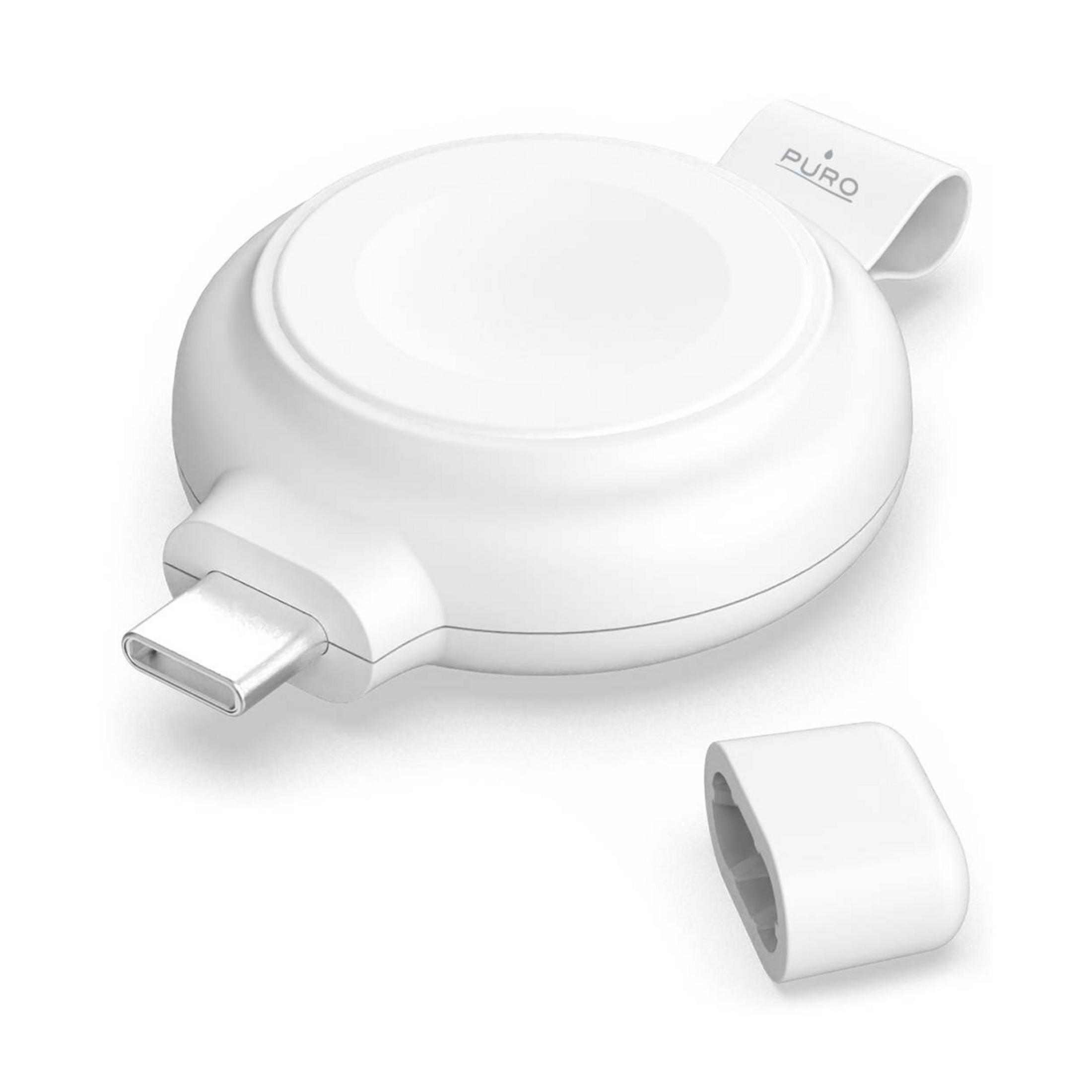 Un cargador blanco Puro con conector USB-C y su tapa quitada.