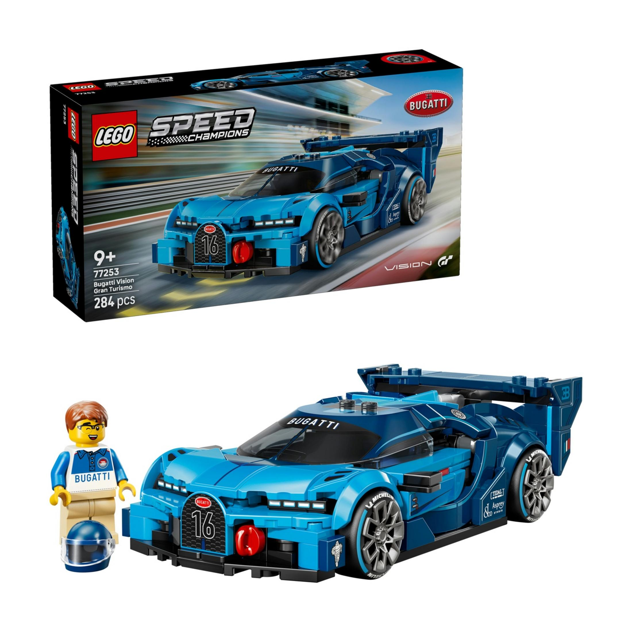 Niebieski samochód LEGO Bugatti Vision Gran Turismo z minifigurką i kaskiem.