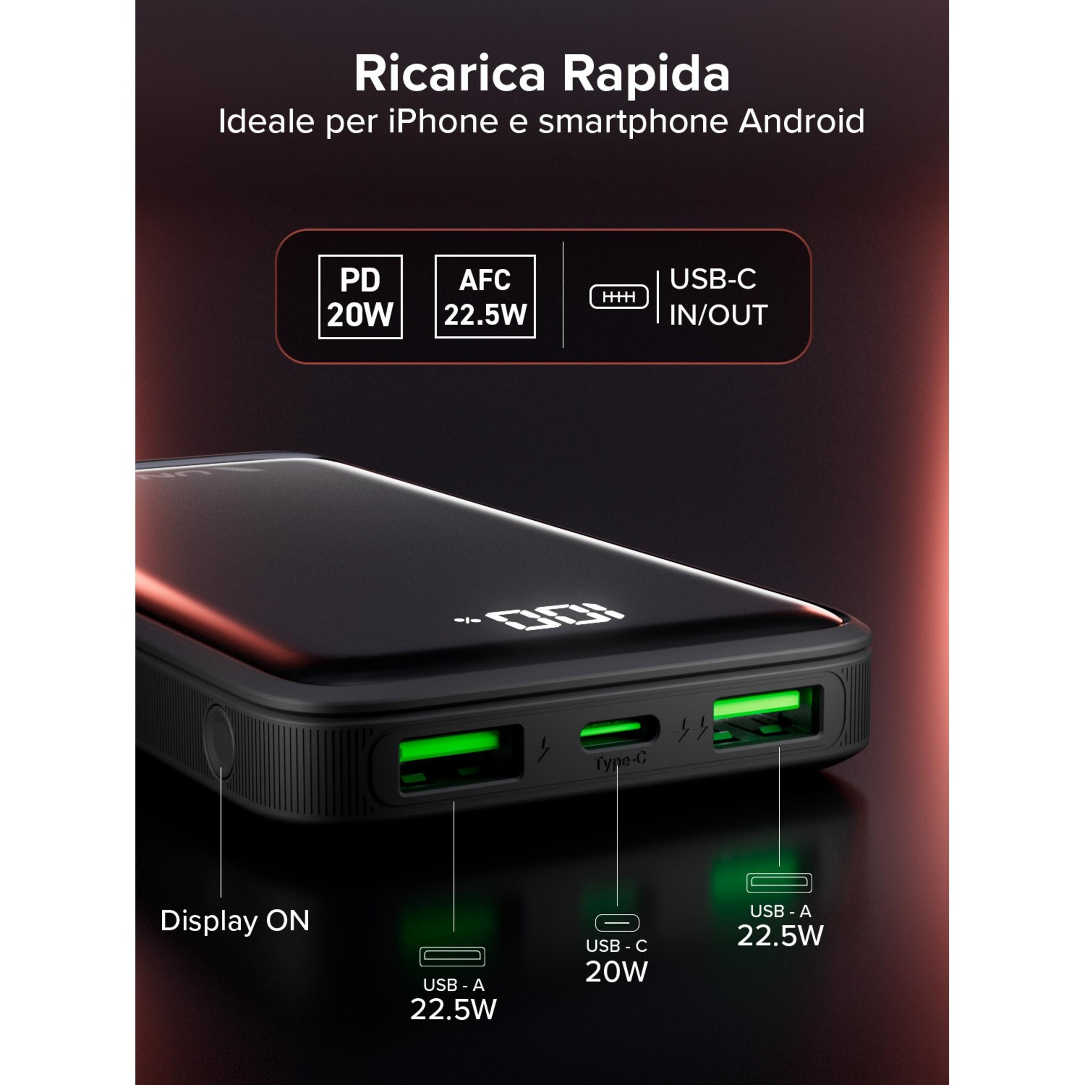 Power bank nera con tre porte USB verdi luminose.