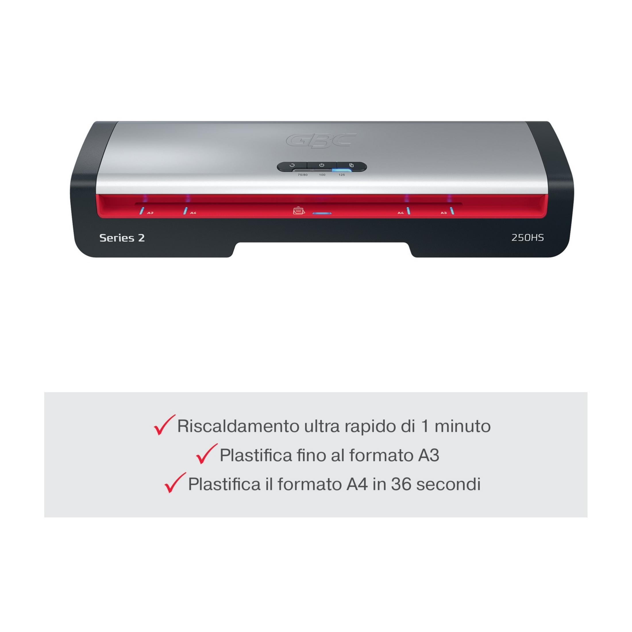 Un laminatore GBC 250HS Serie 2 argentato con accenti rossi.