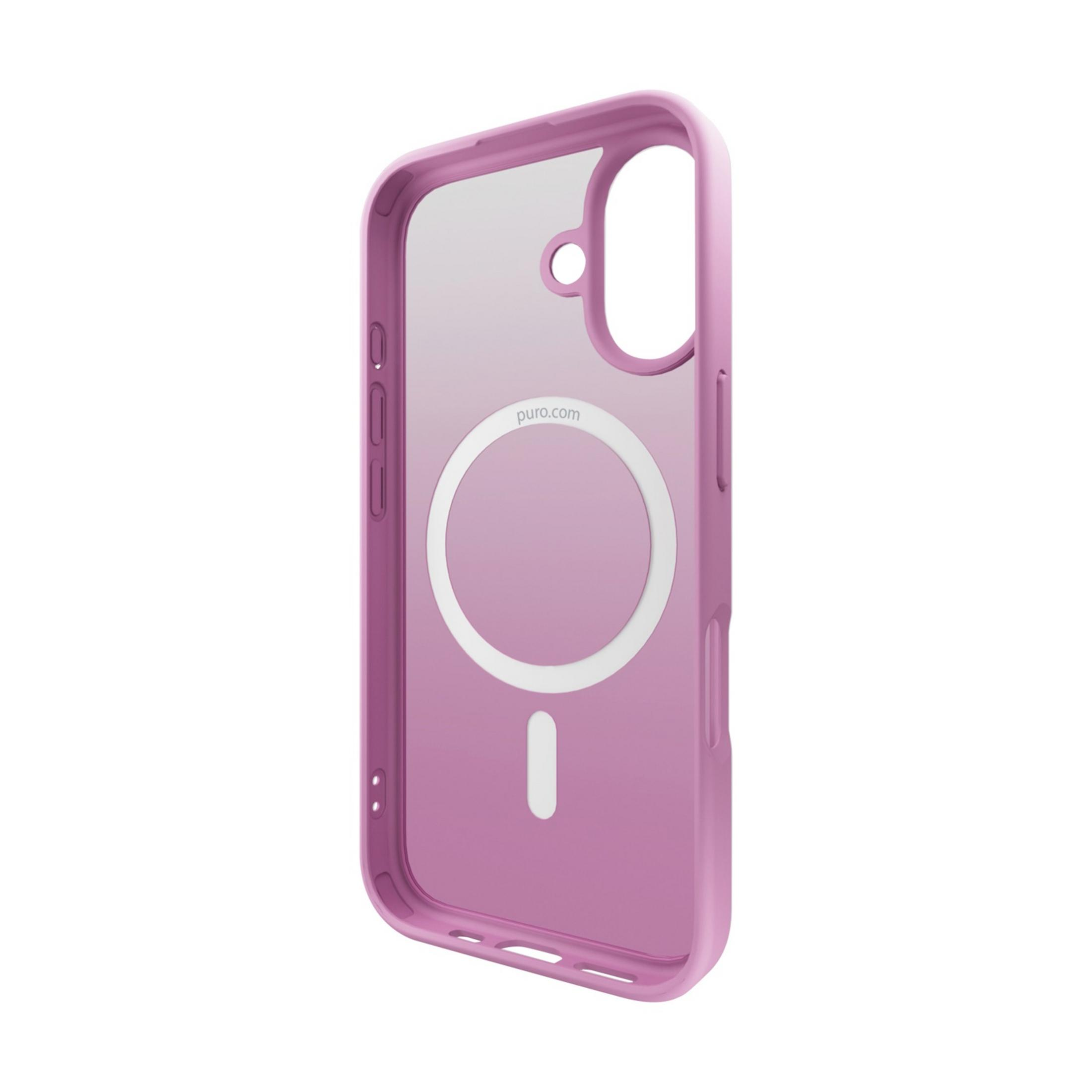 Una custodia trasparente per telefono con bordo rosa e cerchio MagSafe.