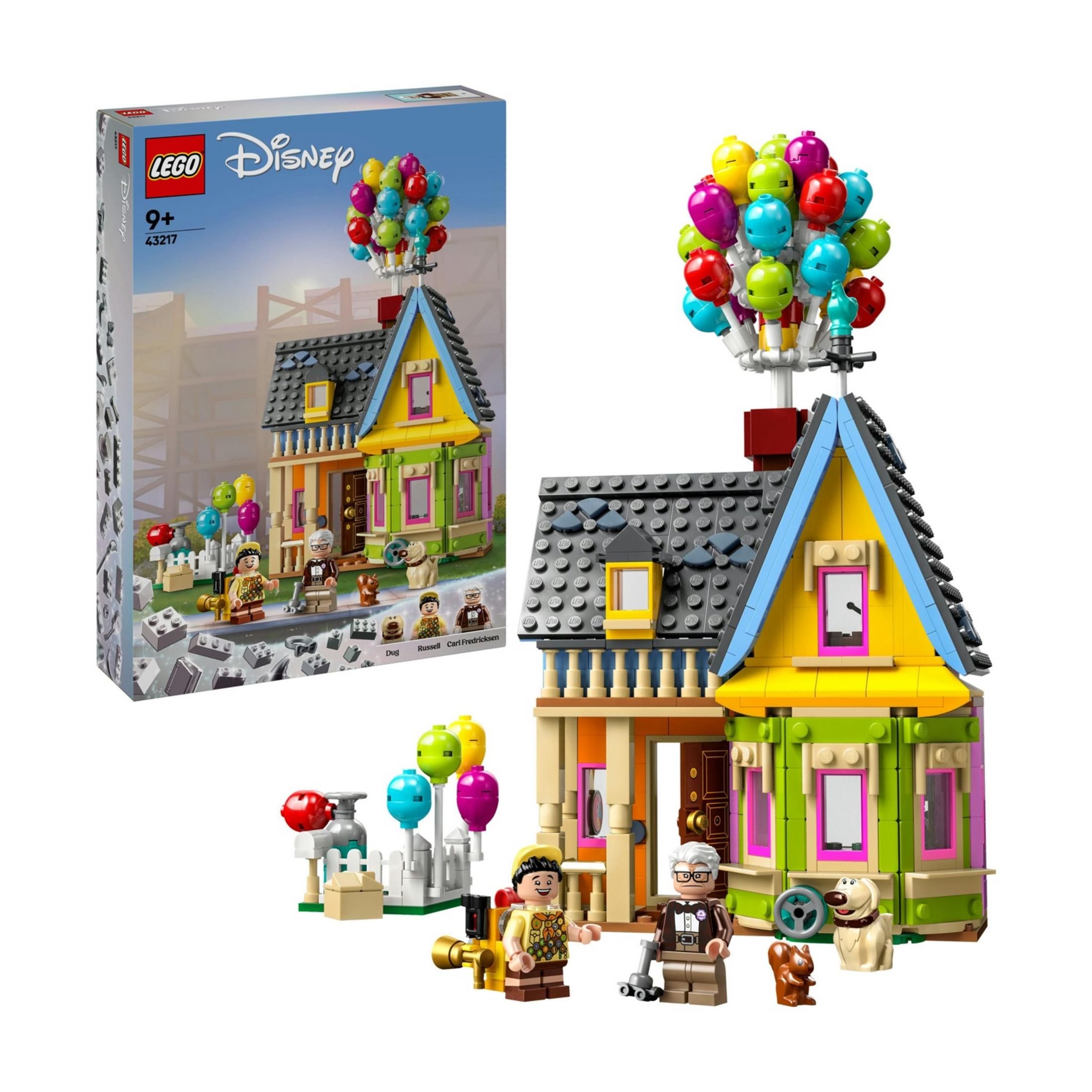 Dom Lego z wieloma kolorowymi balonami, Carl, Russell, Dug i wiewiórka.