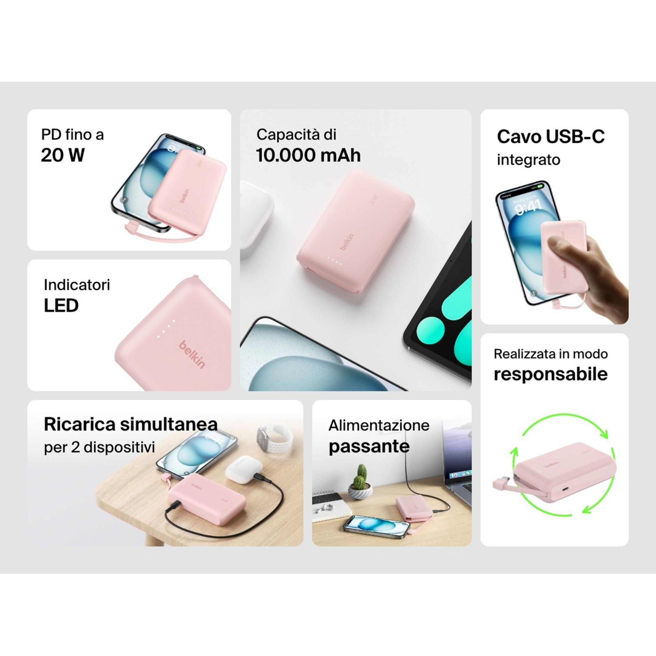 Une banque d'alimentation Belkin rose charge un iPhone. Il y a aussi des LED et des spécifications.