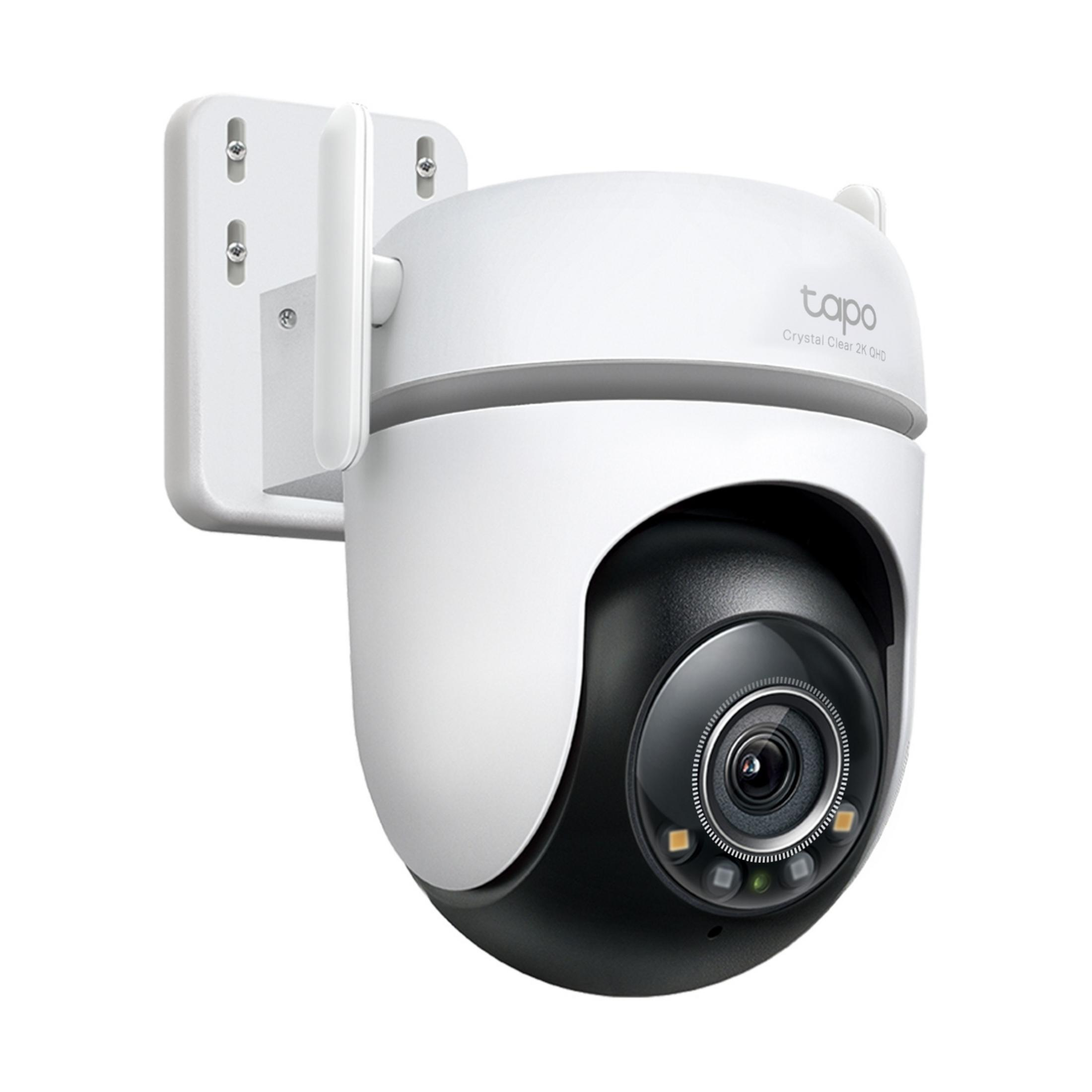 Biała kamera bezpieczeństwa z czarnym obiektywem jest zamontowana na wsporniku ściennym.