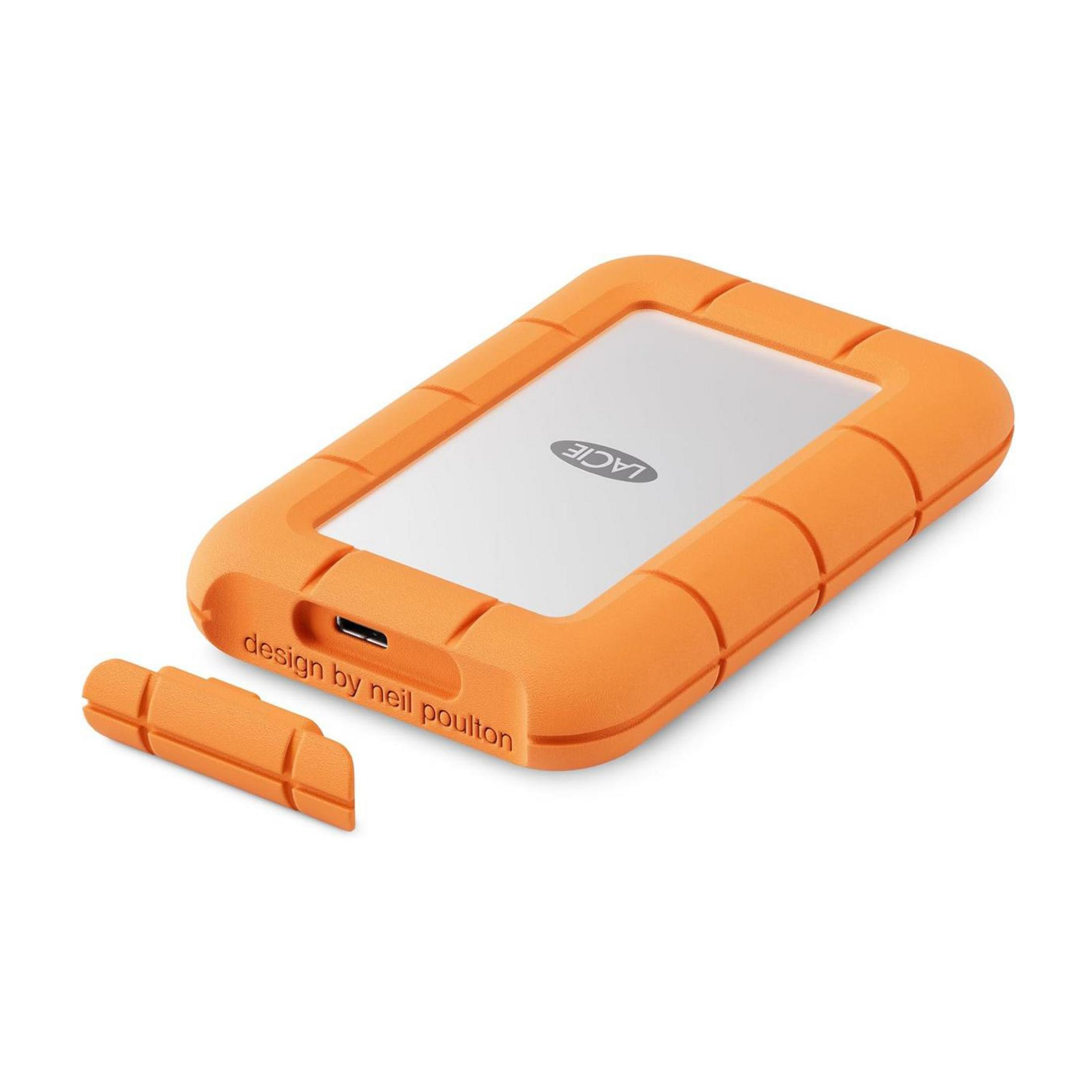 Pomarańczowy zewnętrzny dysk twardy LaCie z usuniętą osłoną ochronną.