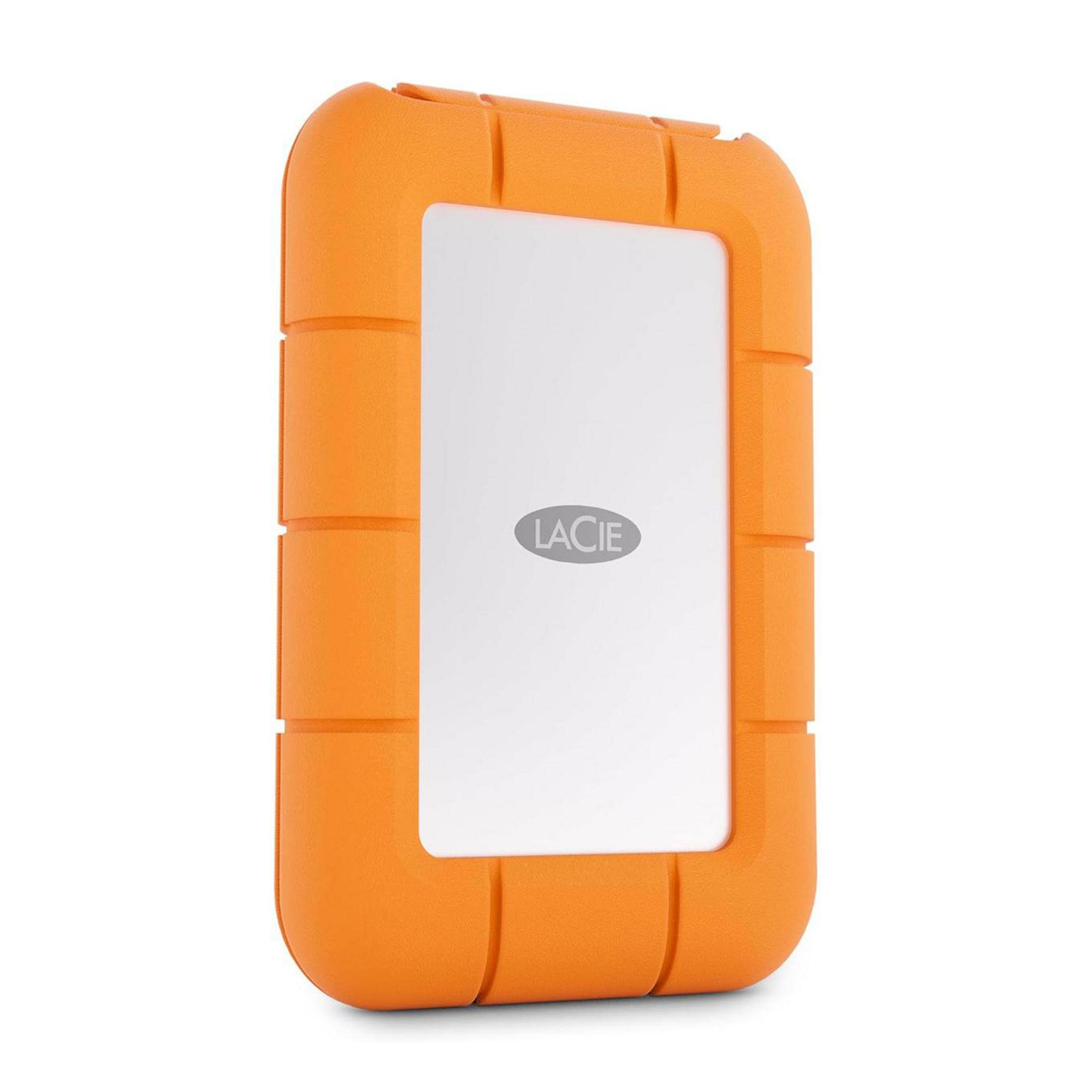Pomarańczowy dysk zewnętrzny LaCie z białym panelem i logo, na białym tle.