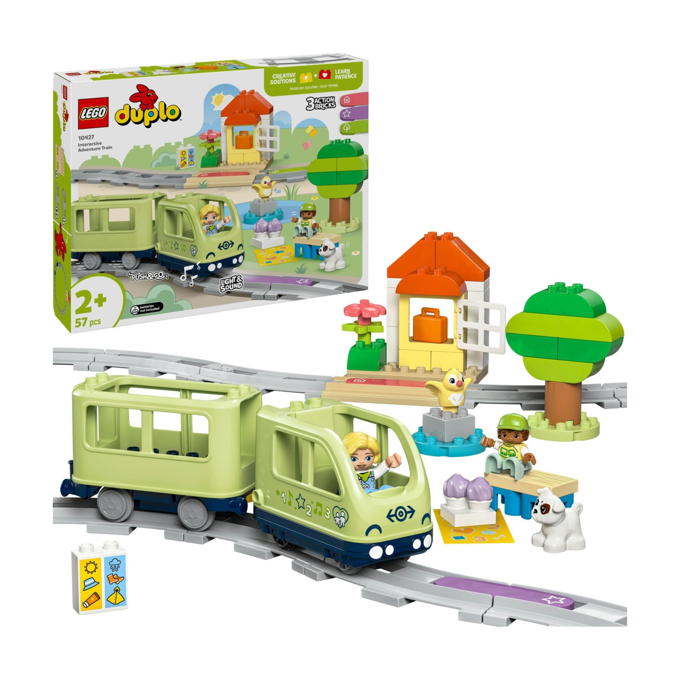 Zielony pociąg LEGO Duplo z postaciami, domkiem, drzewem i psem.