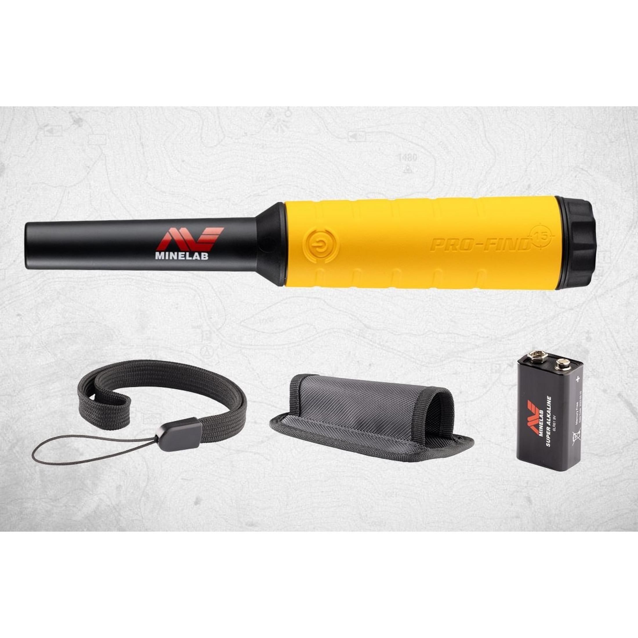 Ein gelber und schwarzer Metalldetektor mit Zubehör: Lanyard, Holster und 9V Batterie.