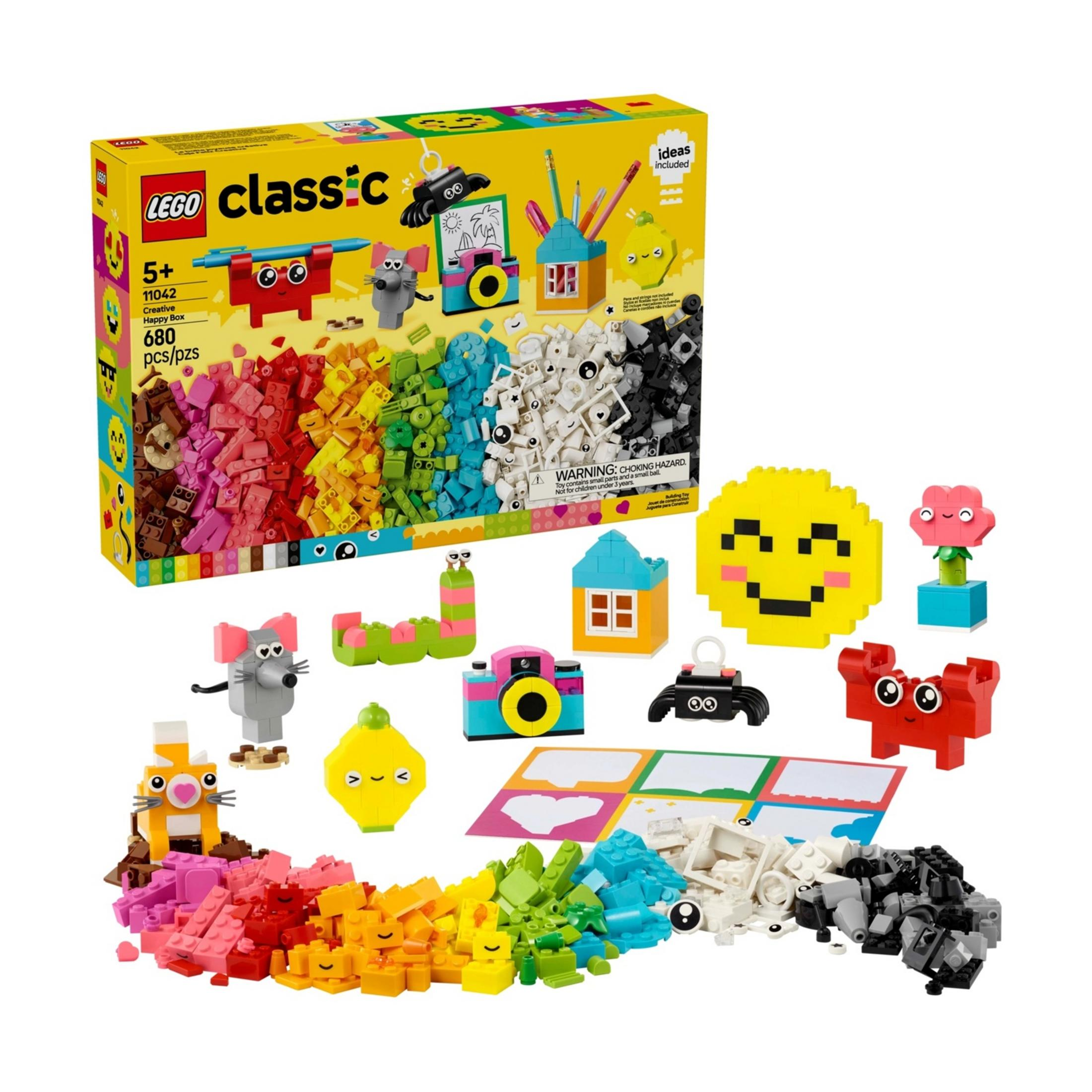 Zestaw Lego Classic z kolorowymi klockami i modelami: mysz, kot, dom, emotikona, aparat, krab.