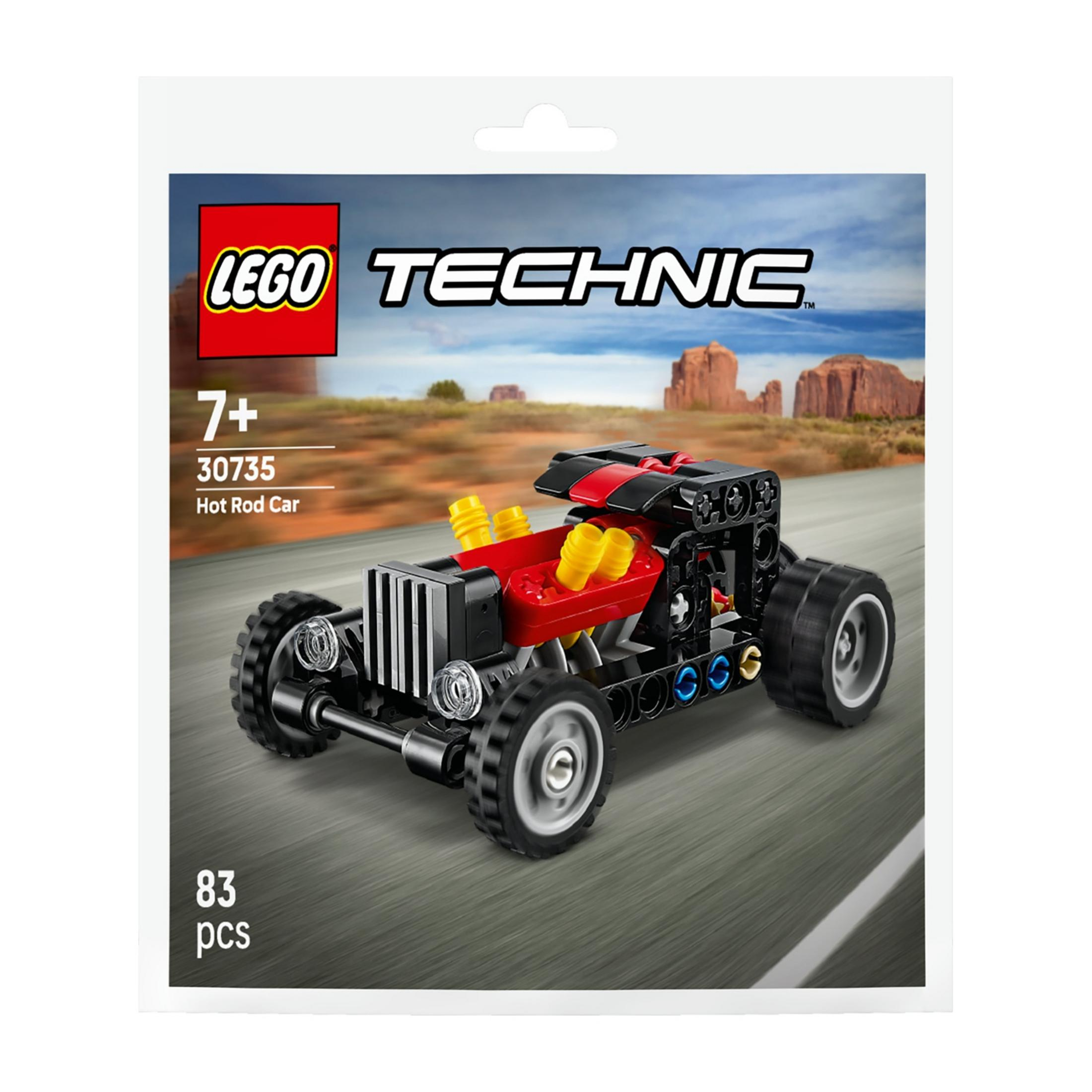 Gri bir yolda kırmızı ve siyah Lego Technic Hot Rod araba.