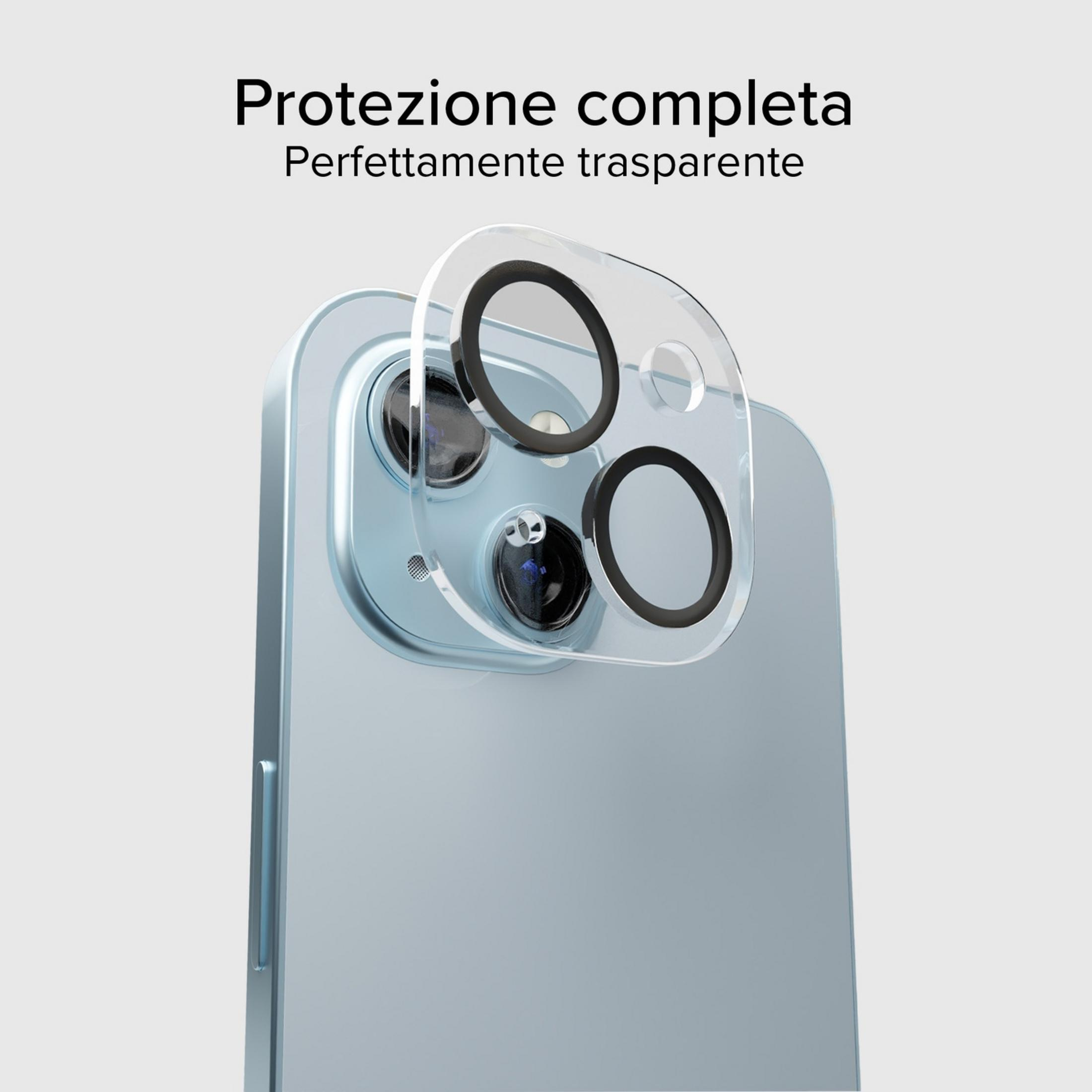 Una película protectora transparente para la lente de la cámara de un smartphone azul claro.