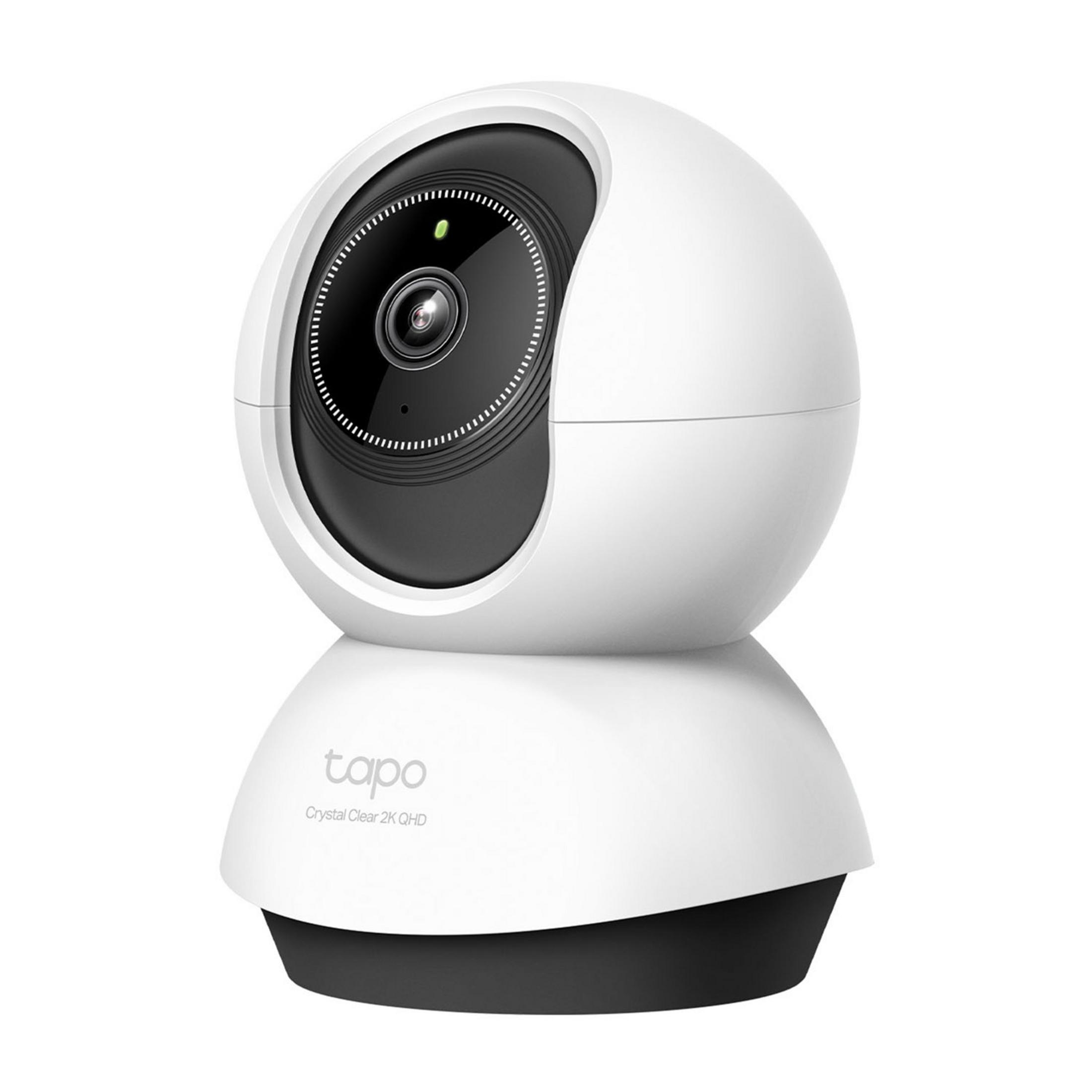 Biała kamera bezpieczeństwa z funkcją obrotu/pochylenia, czarnym obiektywem i zieloną diodą.