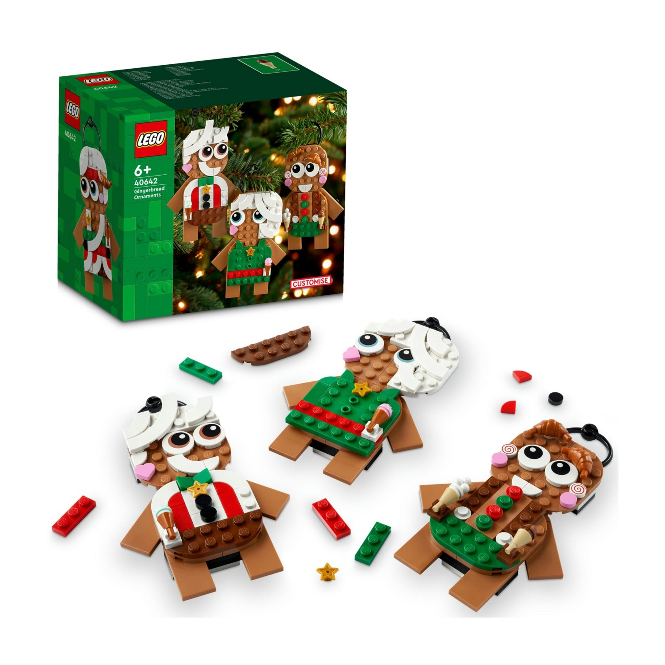 LEGO Lebkuchen-Ornamente: eine Box und drei montierte Figuren in Weiß, Braun und Grün.