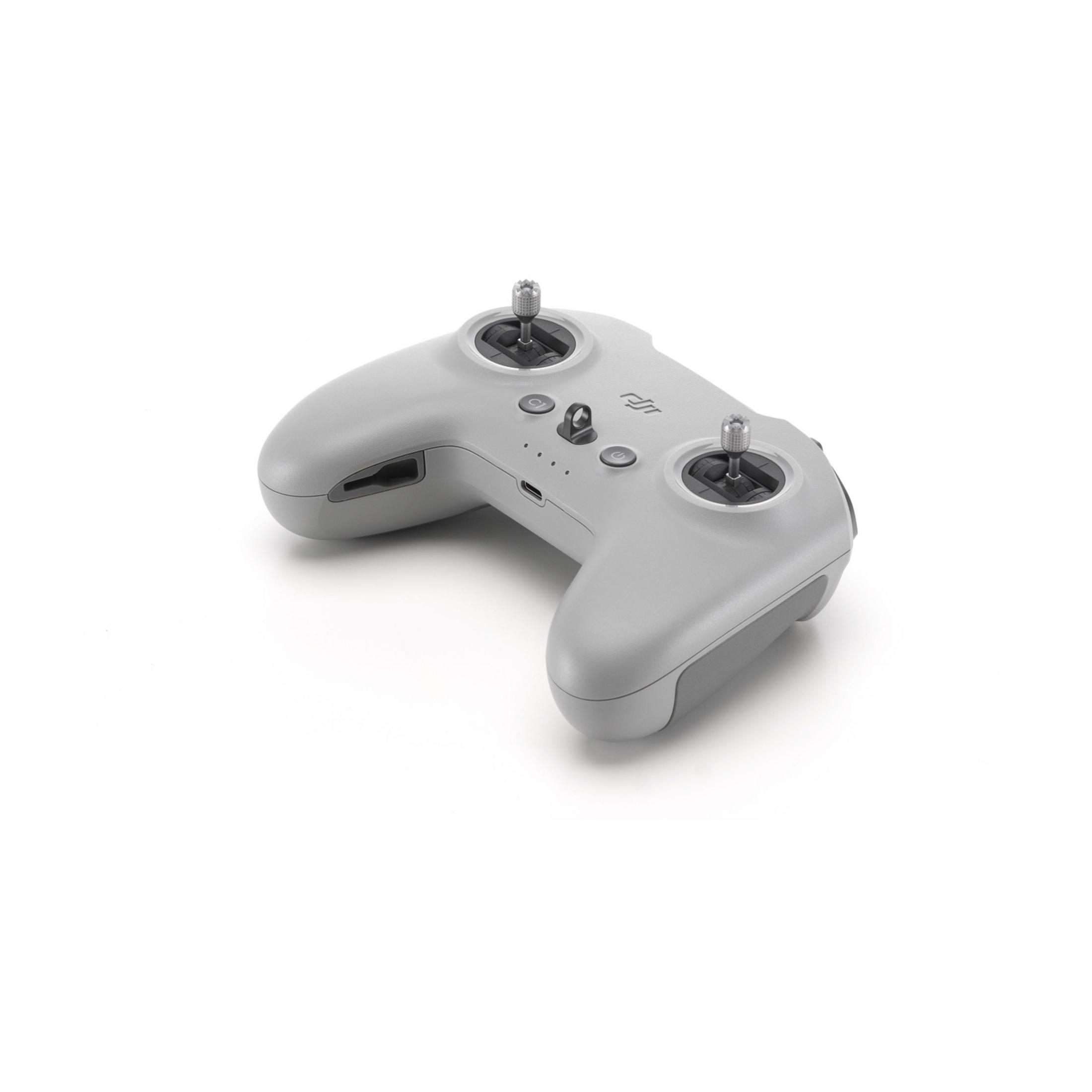 Telecomando DJI grigio con joystick, pulsanti e porta USB-C.