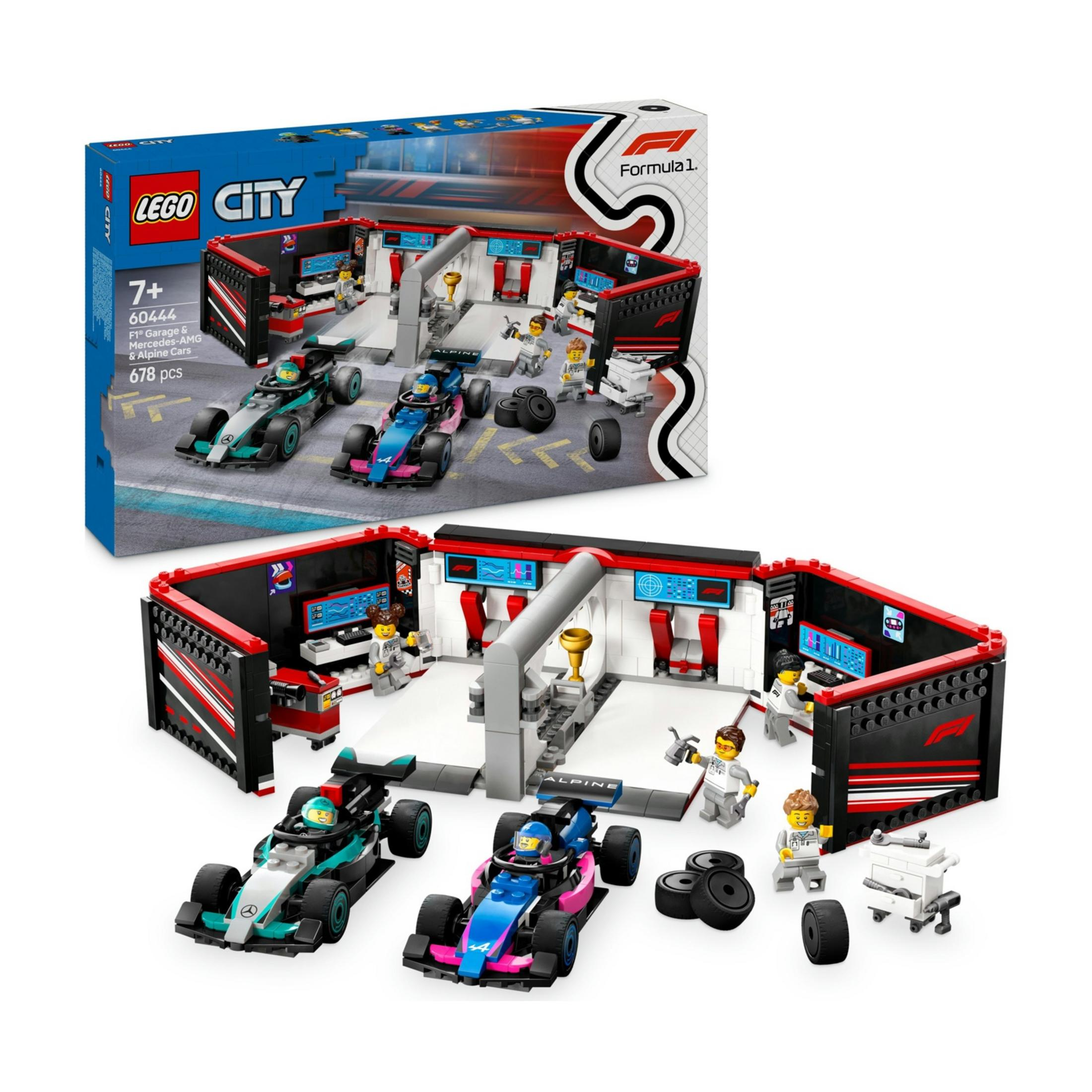 Garaż Lego F1 z dwoma samochodami wyścigowymi, mechanikami i wózkiem.