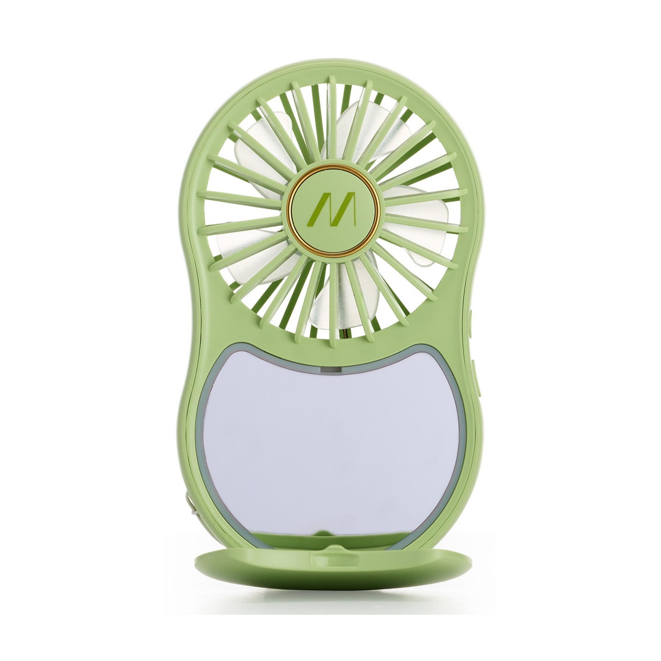 Un piccolo ventilatore verde chiaro con uno specchio bianco in basso.