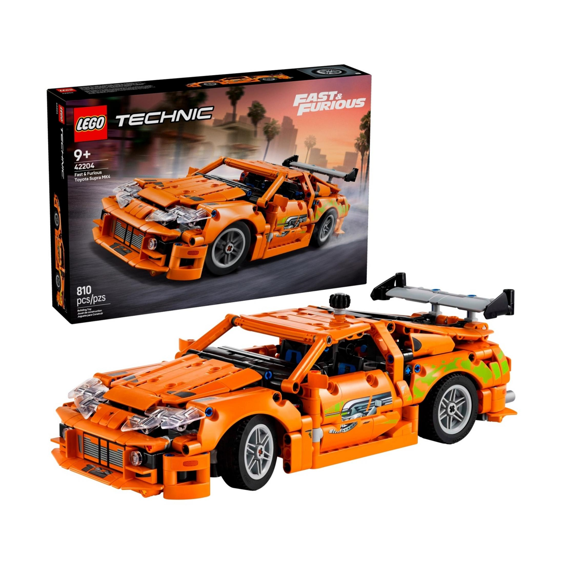 Pomarańczowy model LEGO Technic Fast & Furious Toyota Supra MK4 z pudełkiem.