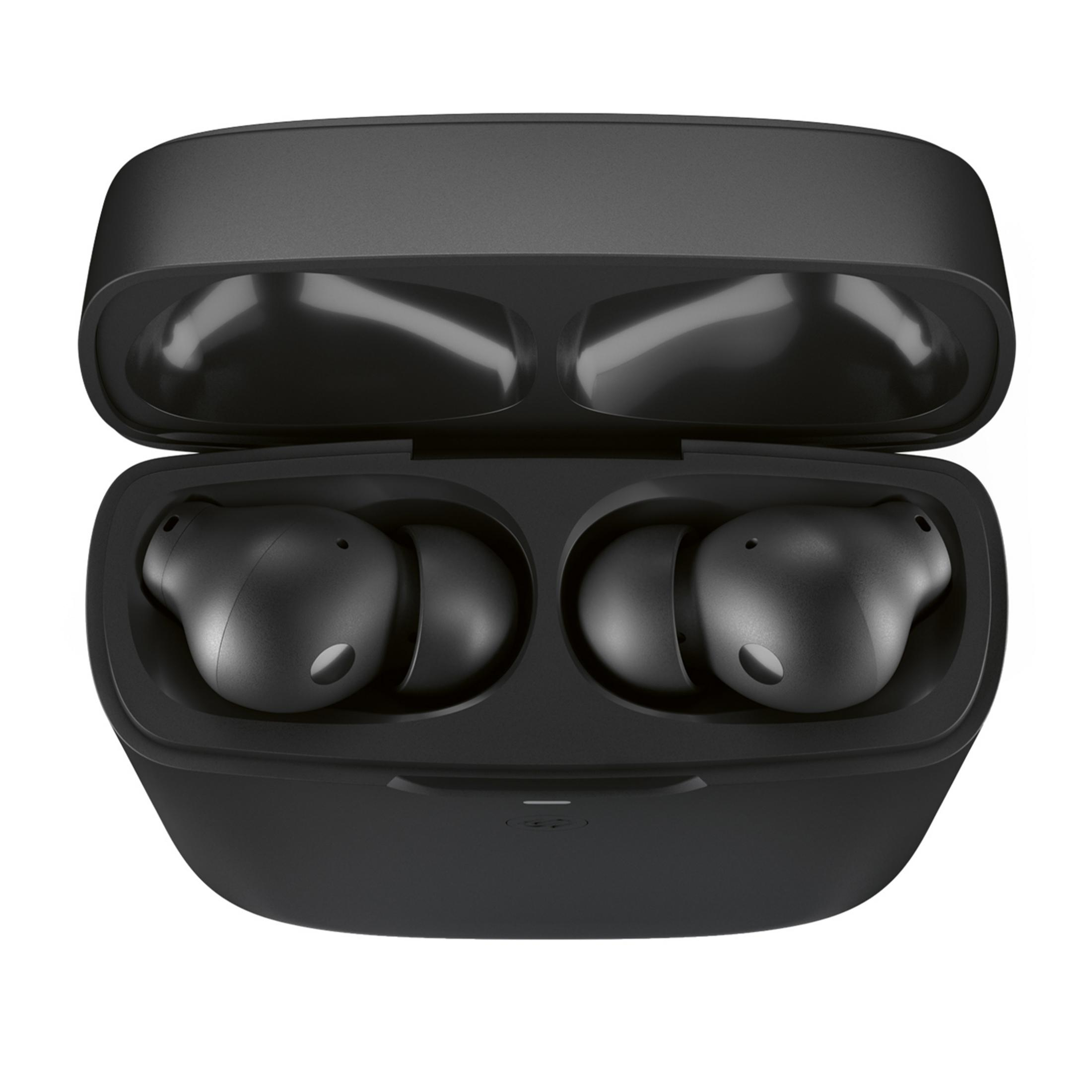 Czarne słuchawki bezprzewodowe w otwartym etui ładującym.