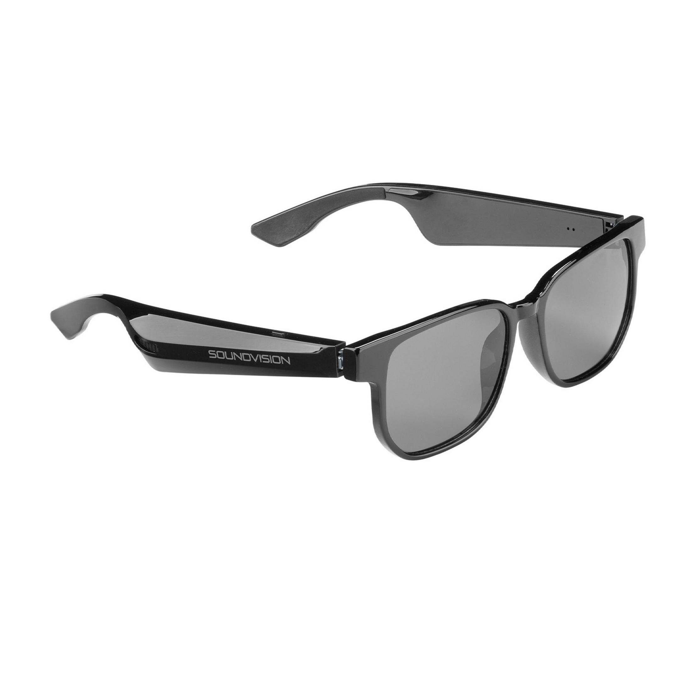 Occhiali smart neri con lenti colorate e logo SOUNDVISION.