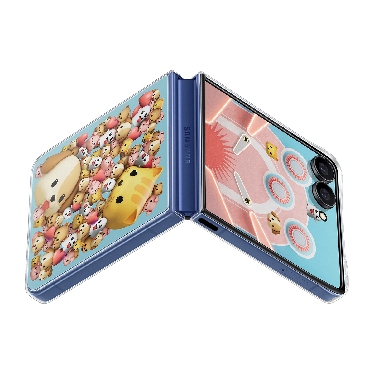 Un telefono a conchiglia blu con simpatici animali dei cartoni animati su entrambi gli schermi.