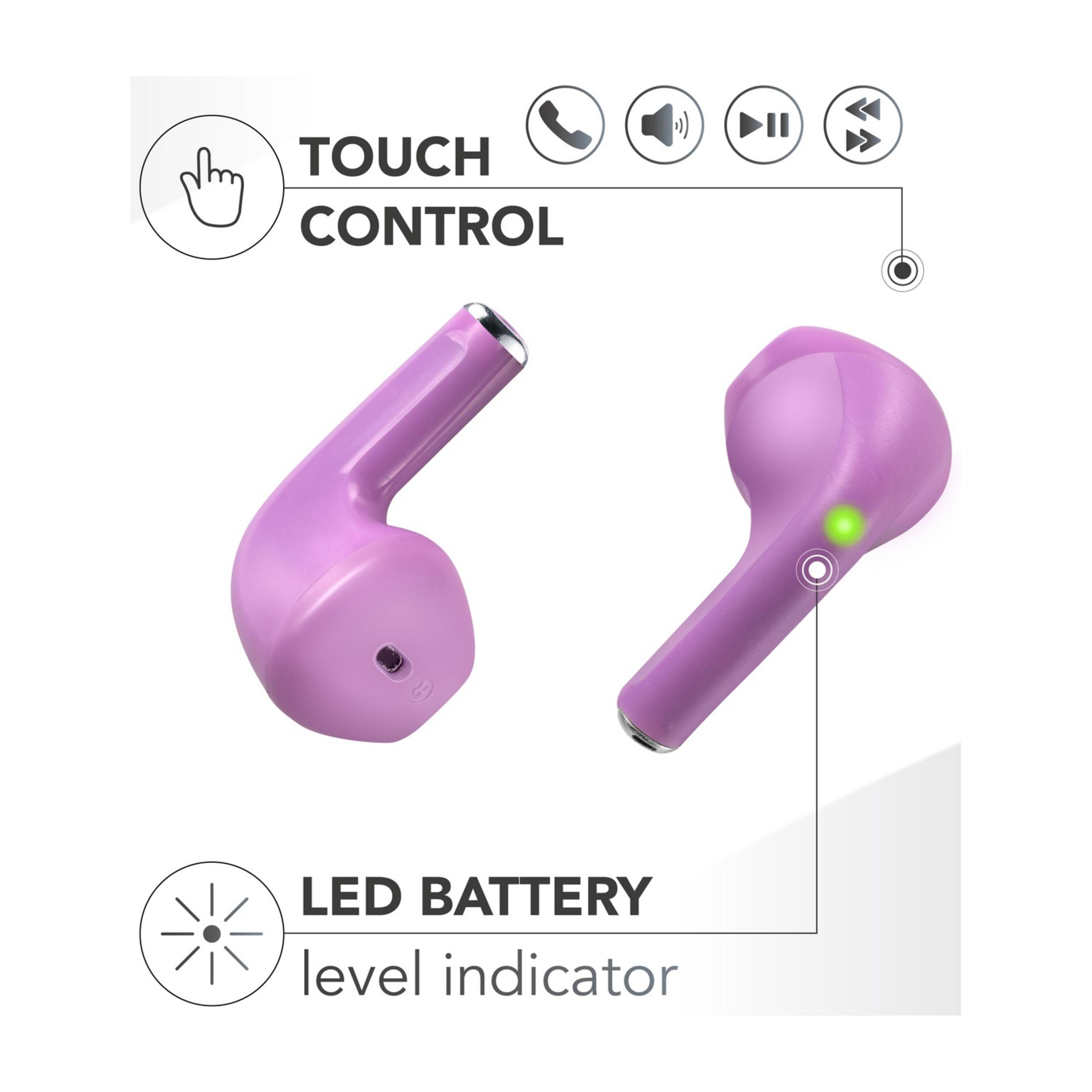 Zwei lila Ohrhörer mit einem grünen LED-Licht und Symbolen für Touch-Steuerung.