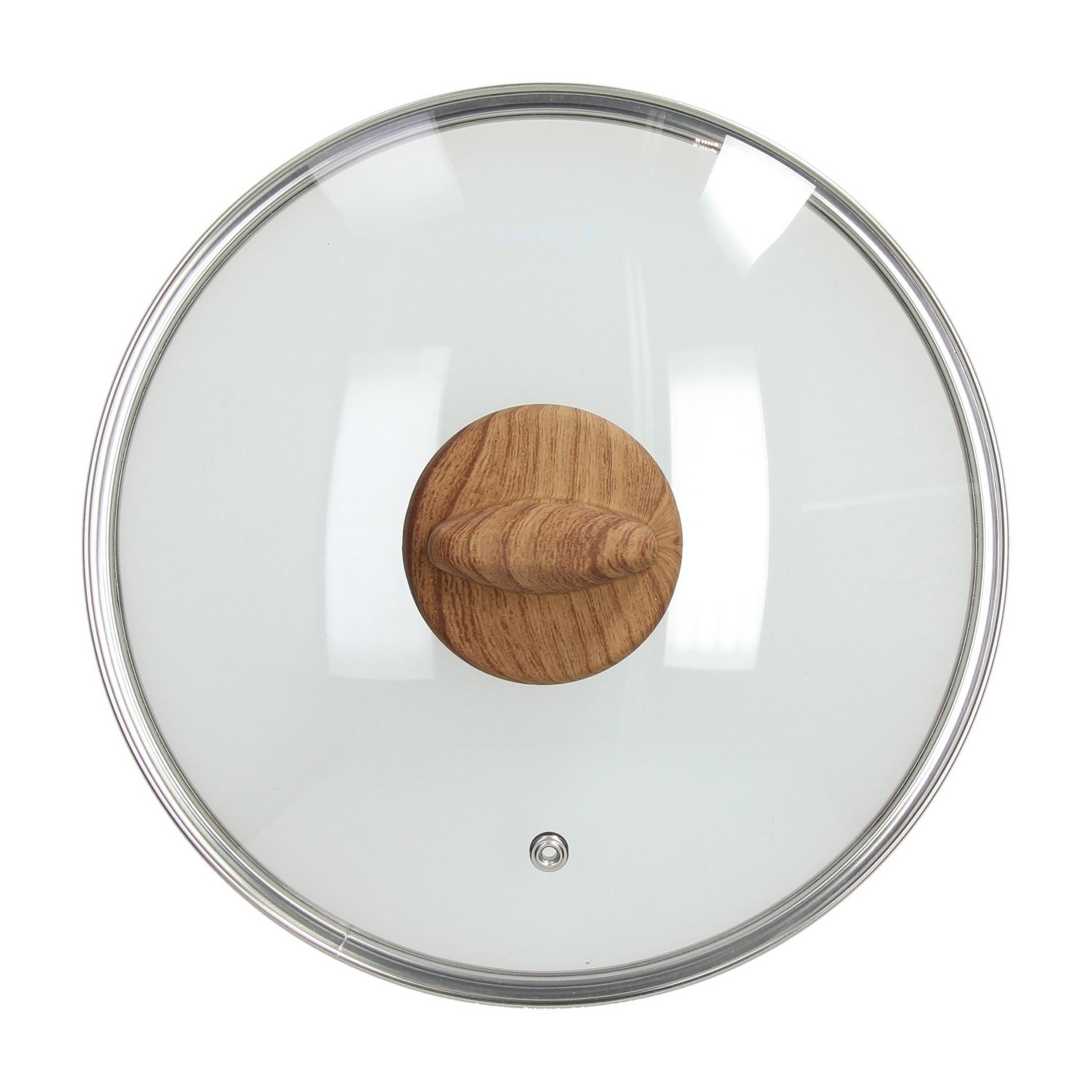 Tapa de cristal para olla con asa de madera y borde metálico.