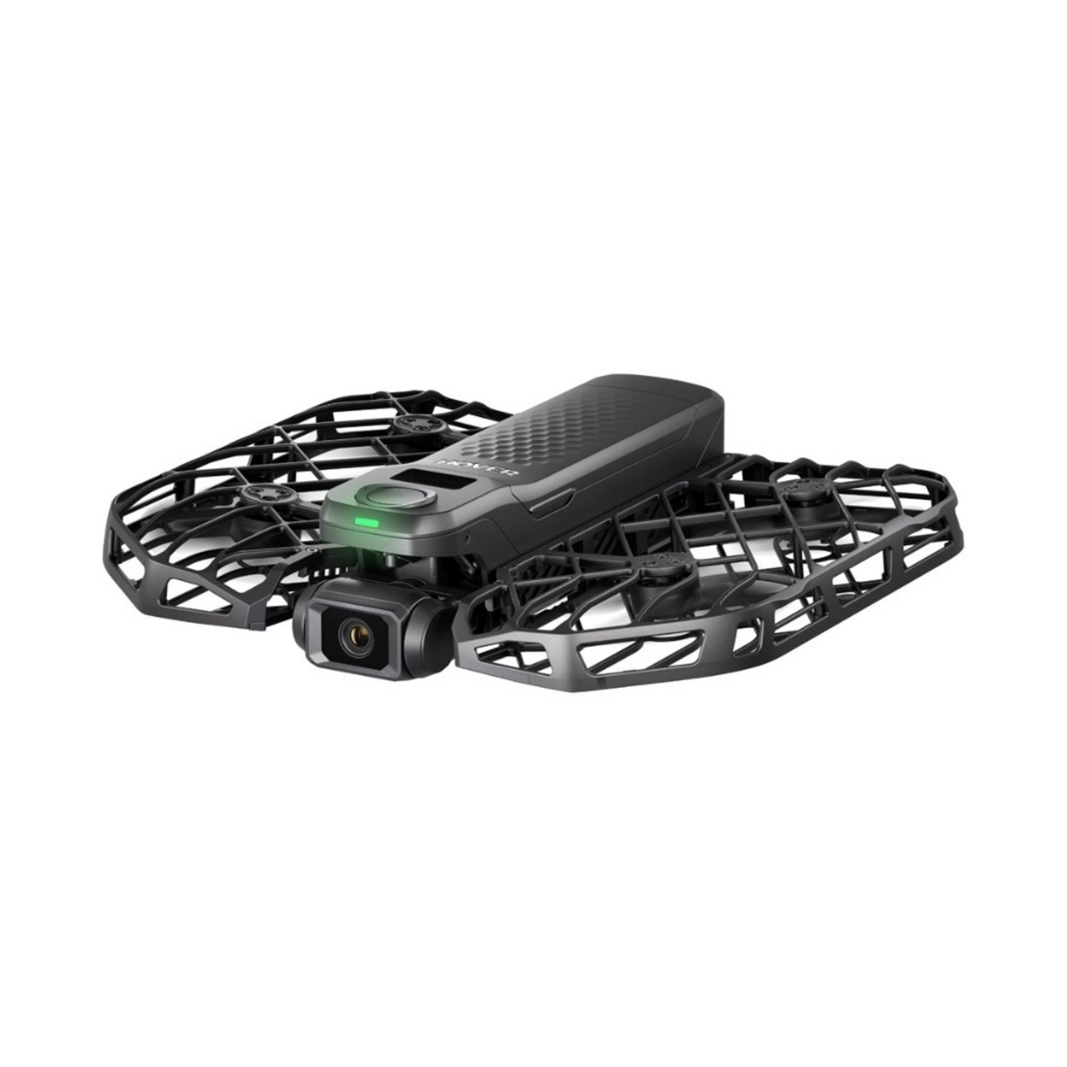 Czarna mini-dron z kamerą i osłonami śmigieł.