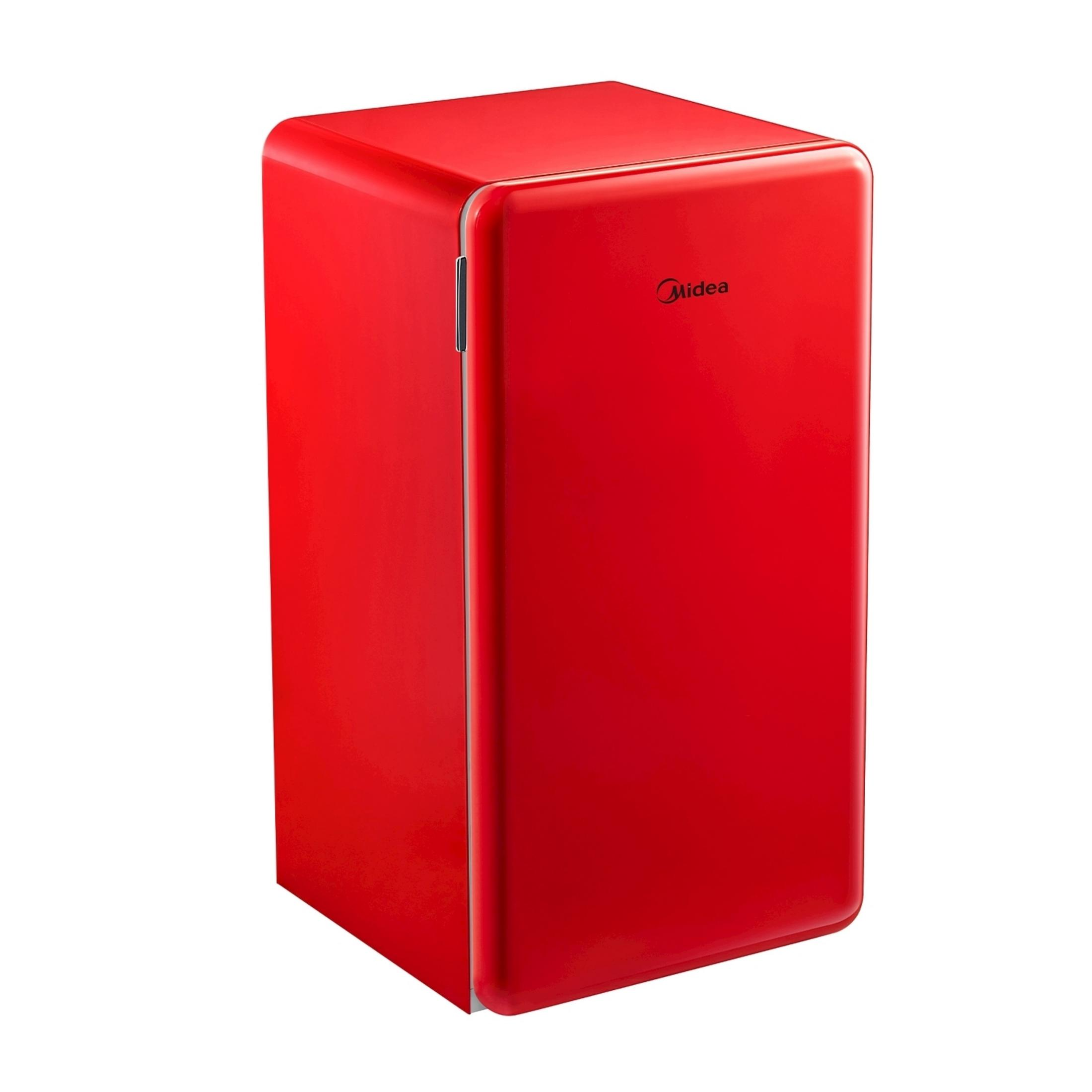Un piccolo frigorifero rosso con bordi arrotondati e logo Midea.