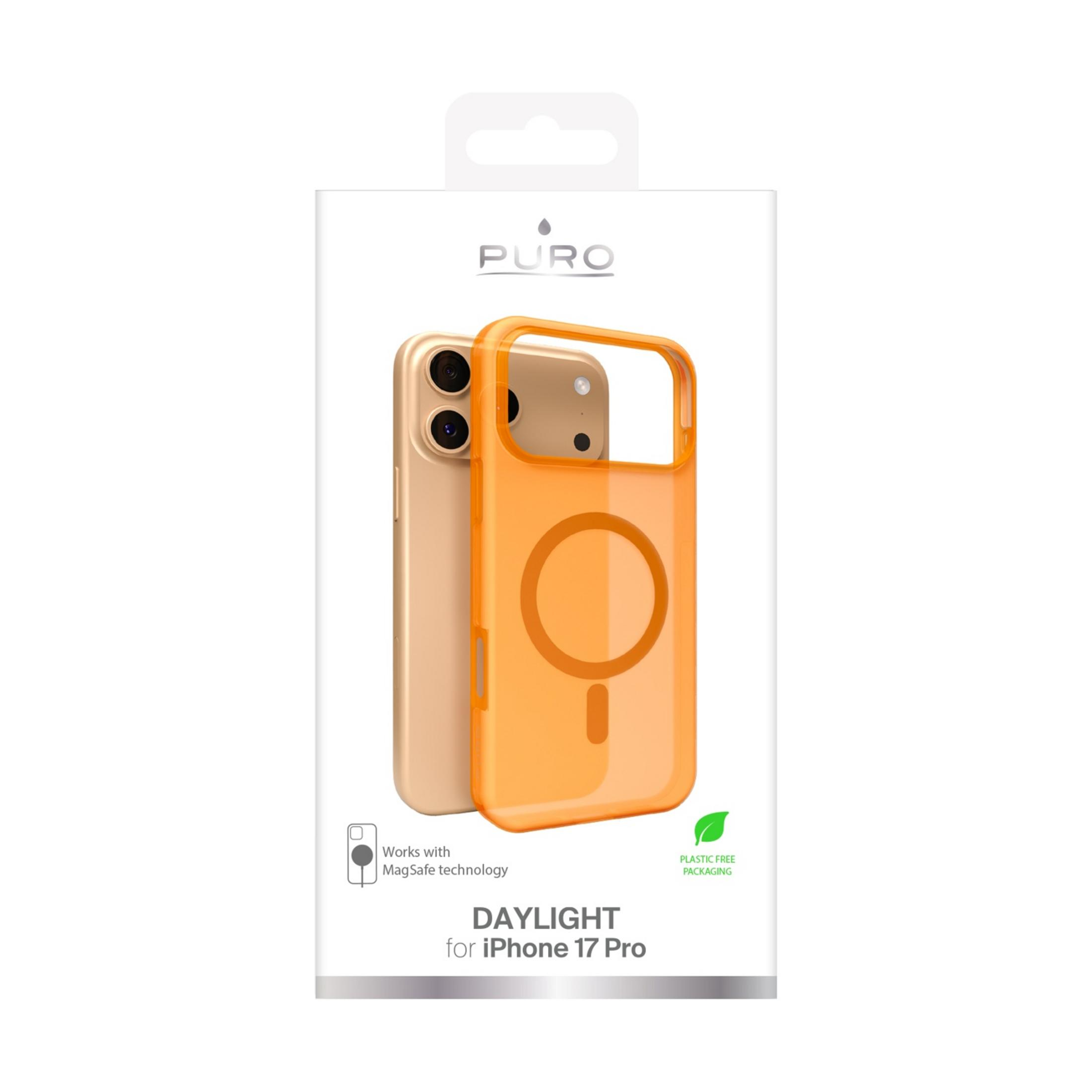 iPhone dorato con custodia MagSafe arancione trasparente, per iPhone 17 Pro.